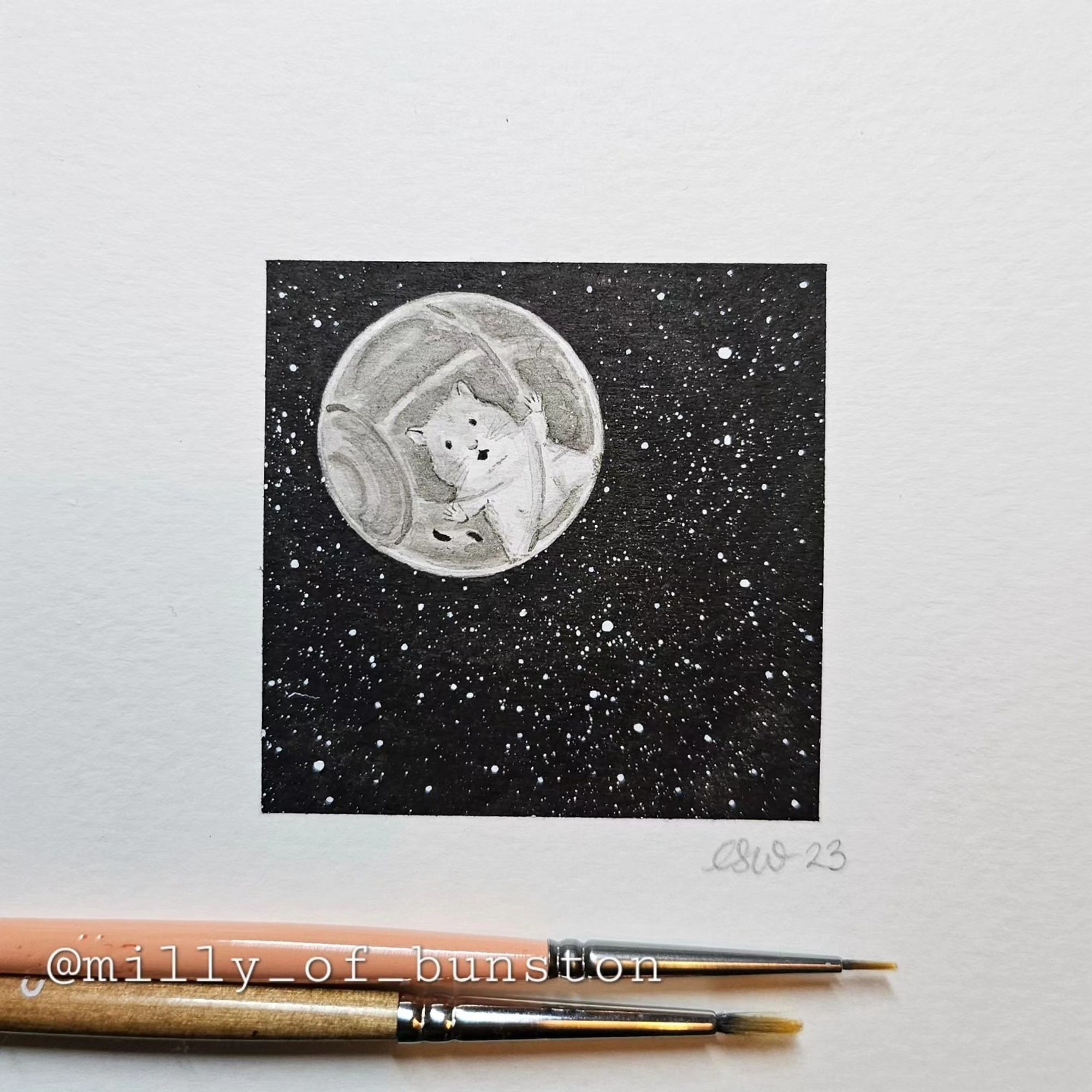 Ink painting of a hamster in a hamster ball floating in space.