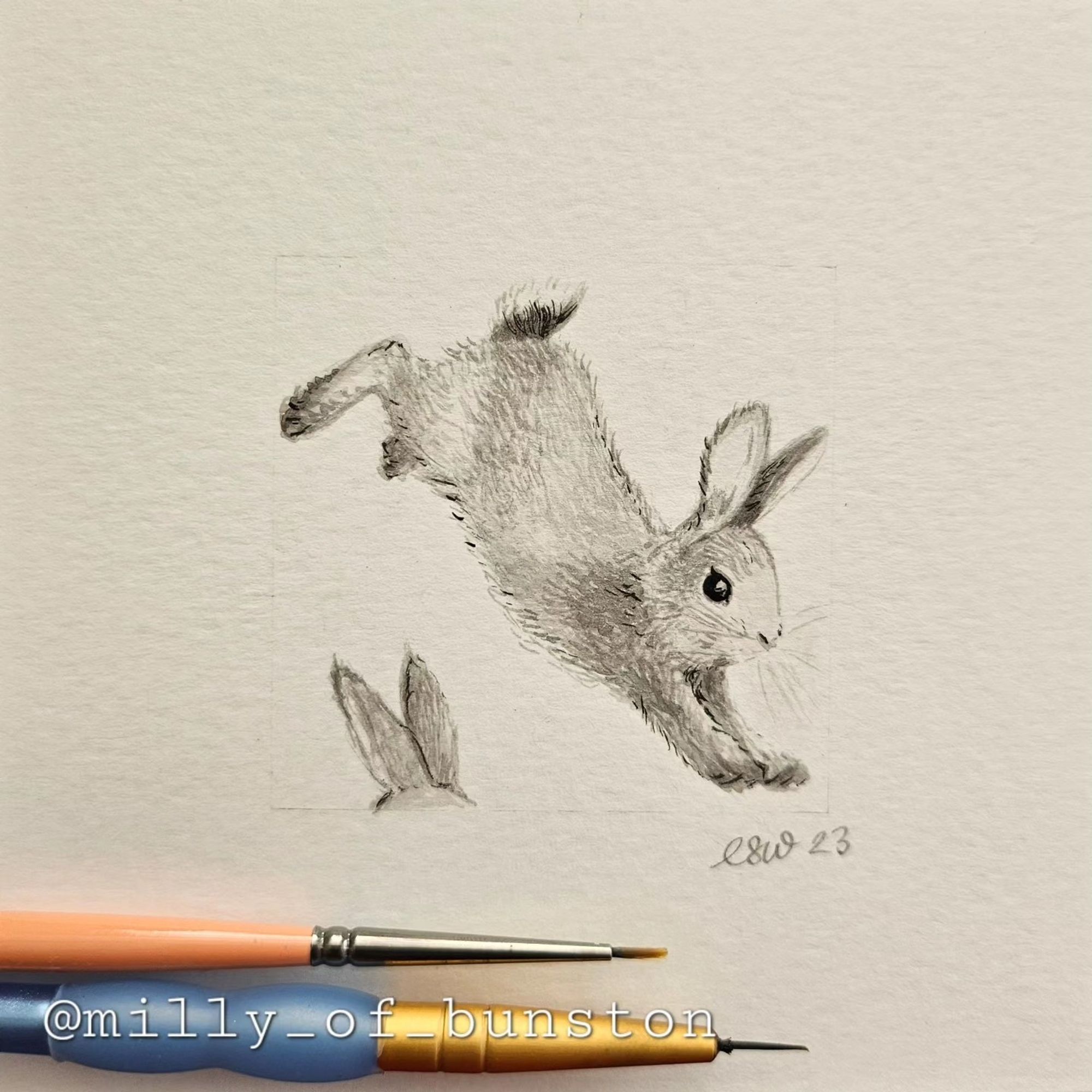 Ink painting of a bunny hoping over another. The latter's ears are only visible at the bottom of the painting.