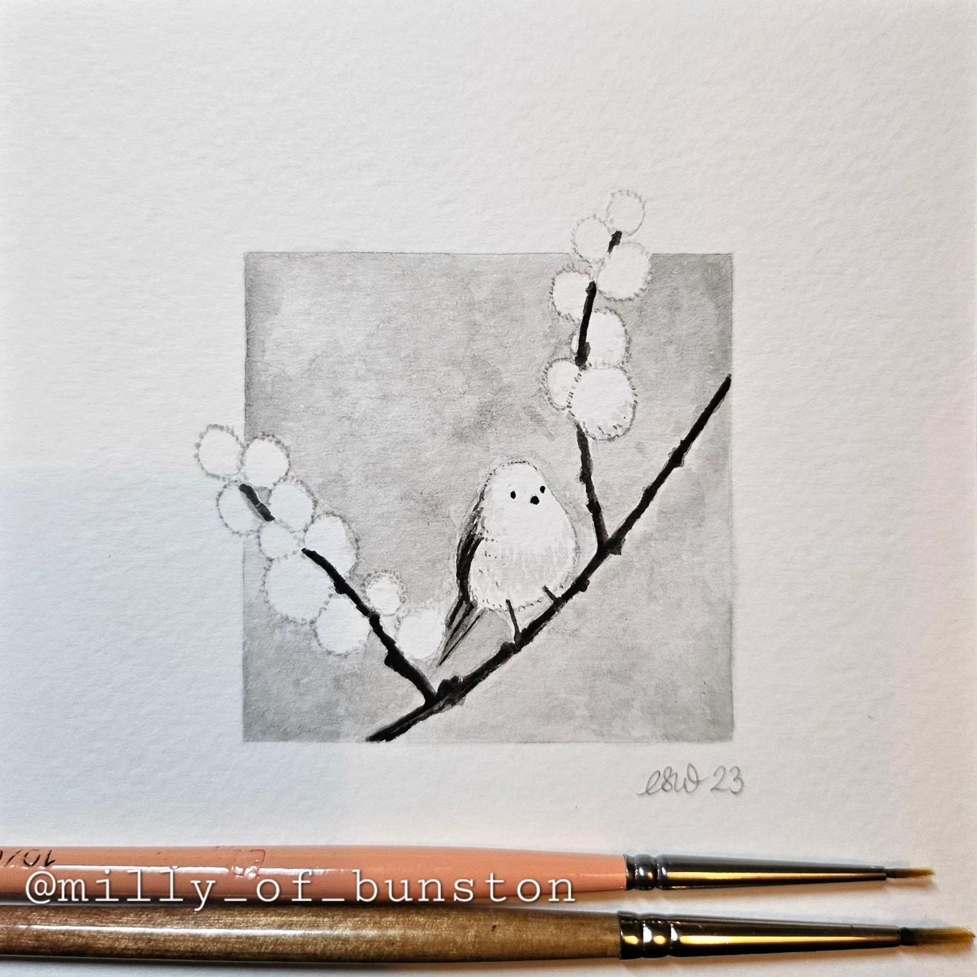 Ink painting of a small Japanese bird called 'shima enaga', on a branch with fluffy cotton growing from it.