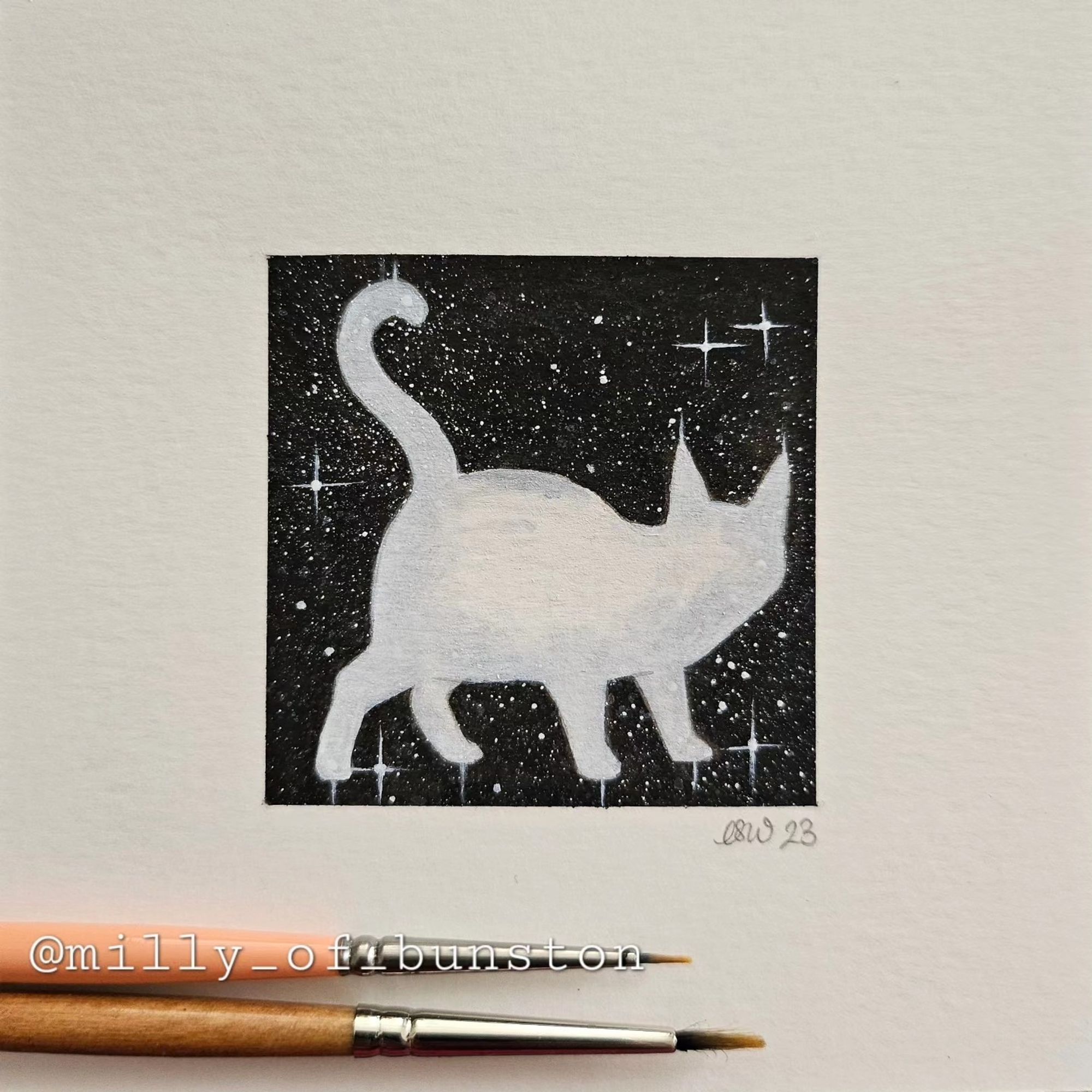 Ink painting of a white cat silhouette on a black starry background.