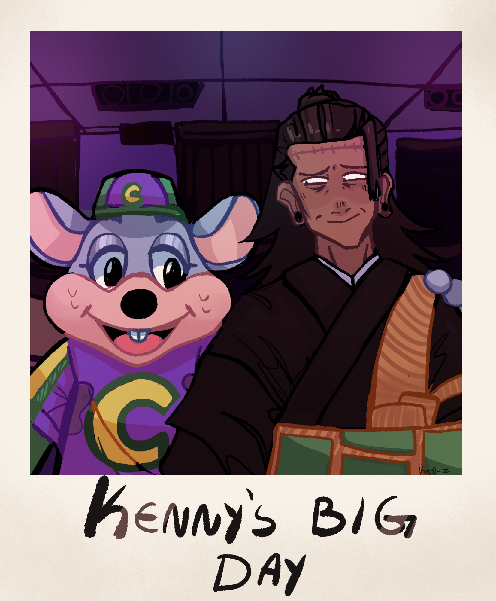 Kenjaku and Chuck E Cheese smiling for a photo. Kenjaku looks deeply uncomfortable. Text: Kenny's Big Day