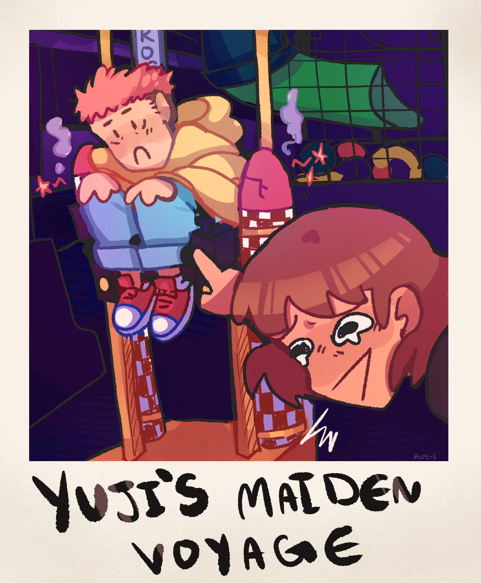 Background: Yuji trapped in the rocket ride from Chuck E Cheese, frowning. Foreground: Nobara pointing and laughing at Yuji. Text: Yuji's Maiden Voyage