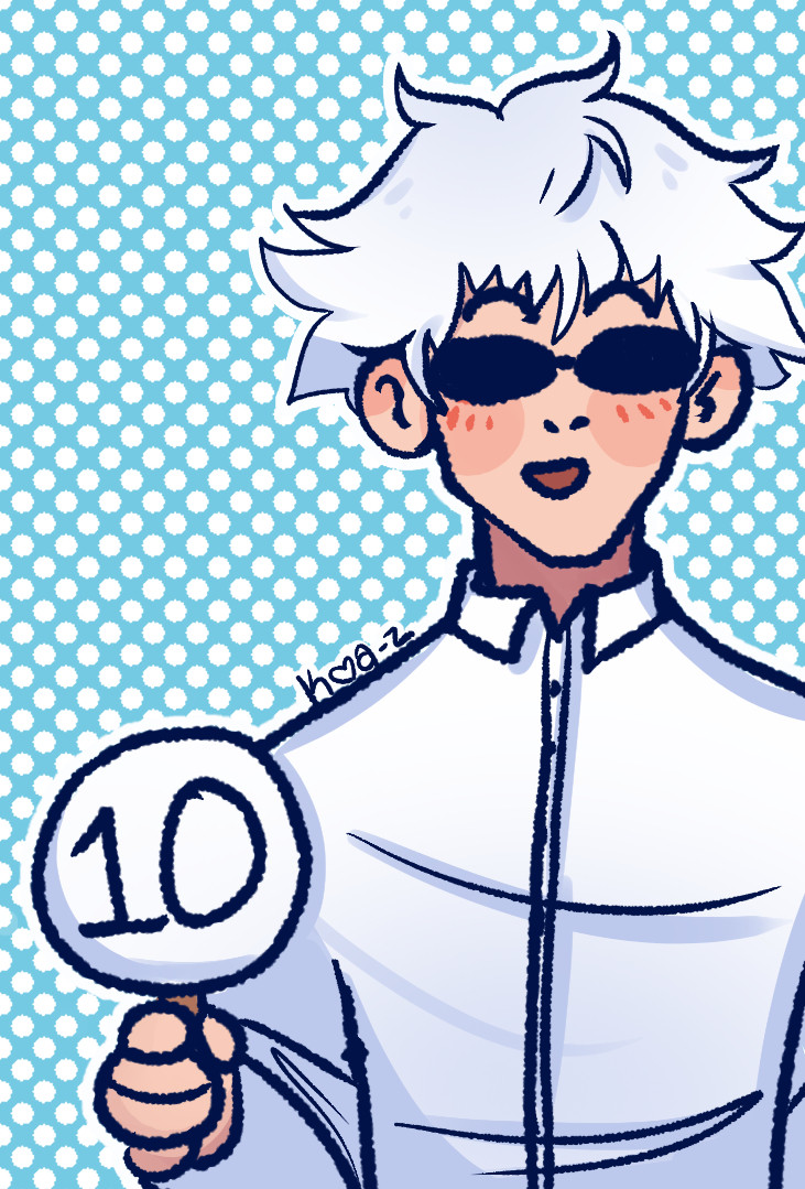 Gojo holding up a "10" sign and blushing.