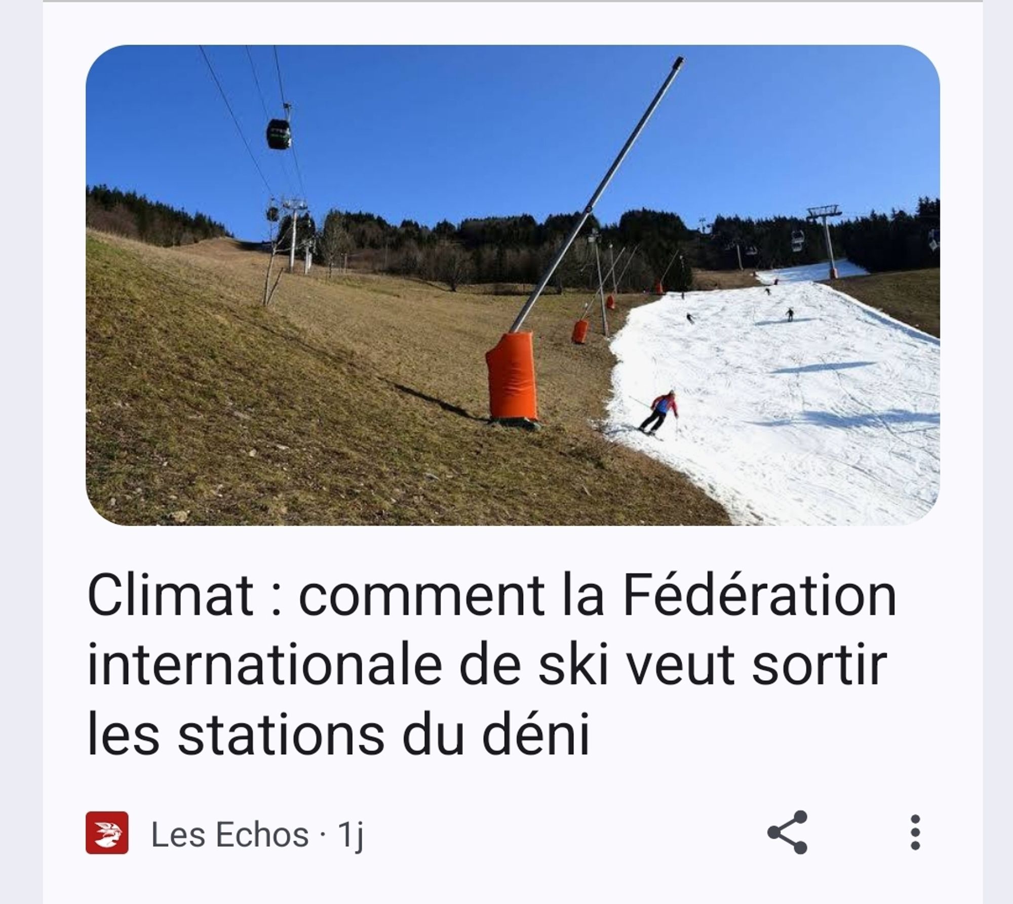 Les Échos
5 octobre 
Climat : comment la Fédération internationale de ski veut sortir les stations du déni 
Premium
La Fédération internationale de ski et de snowboard a conclu un partenariat avec l'Organisation météorologique mondiale. Objectif : faire prendre conscience aux professionnels des conséquences du changement climatique, sur des bases scientifiques.