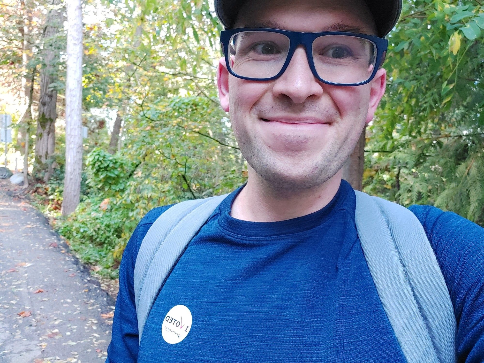 Me and my prized "I Voted" sticker on the trail home