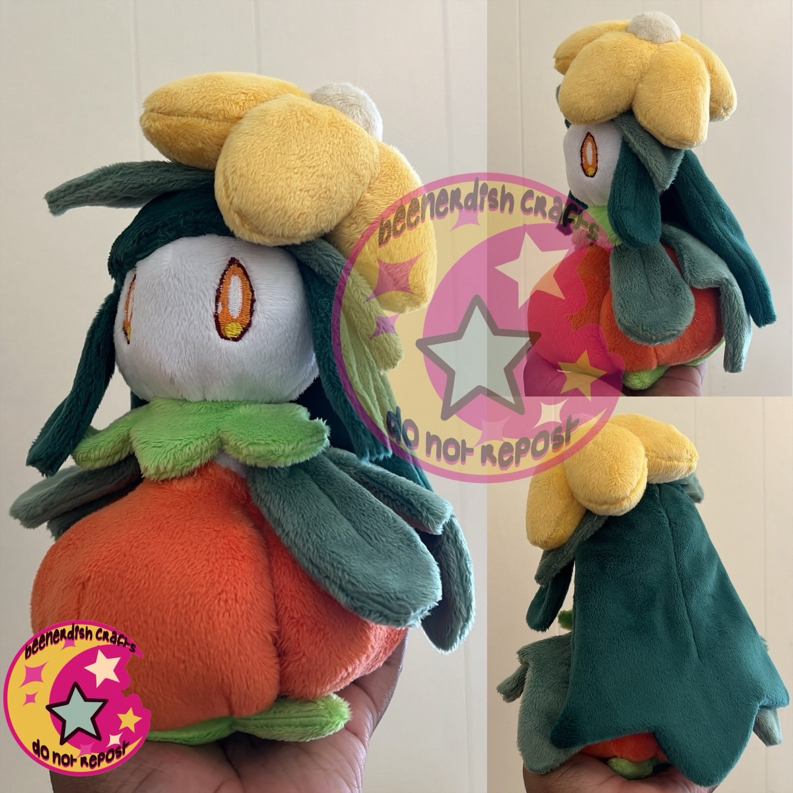 A handmade plush of a pumpkin themed Lilligant.