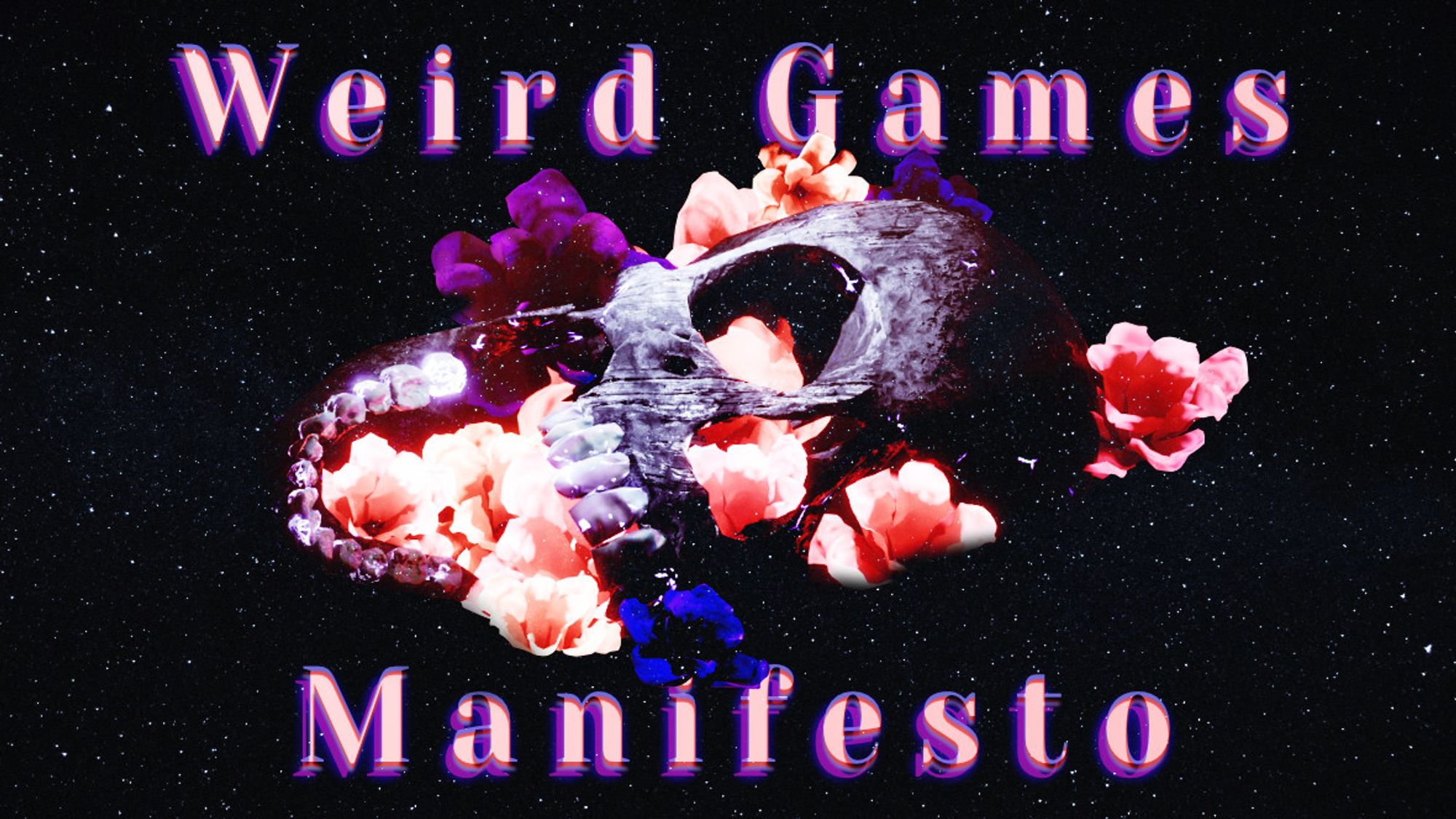 In outer space, a human skull is invaded by colorful flowers. A title appears: Weird Games Manifesto.