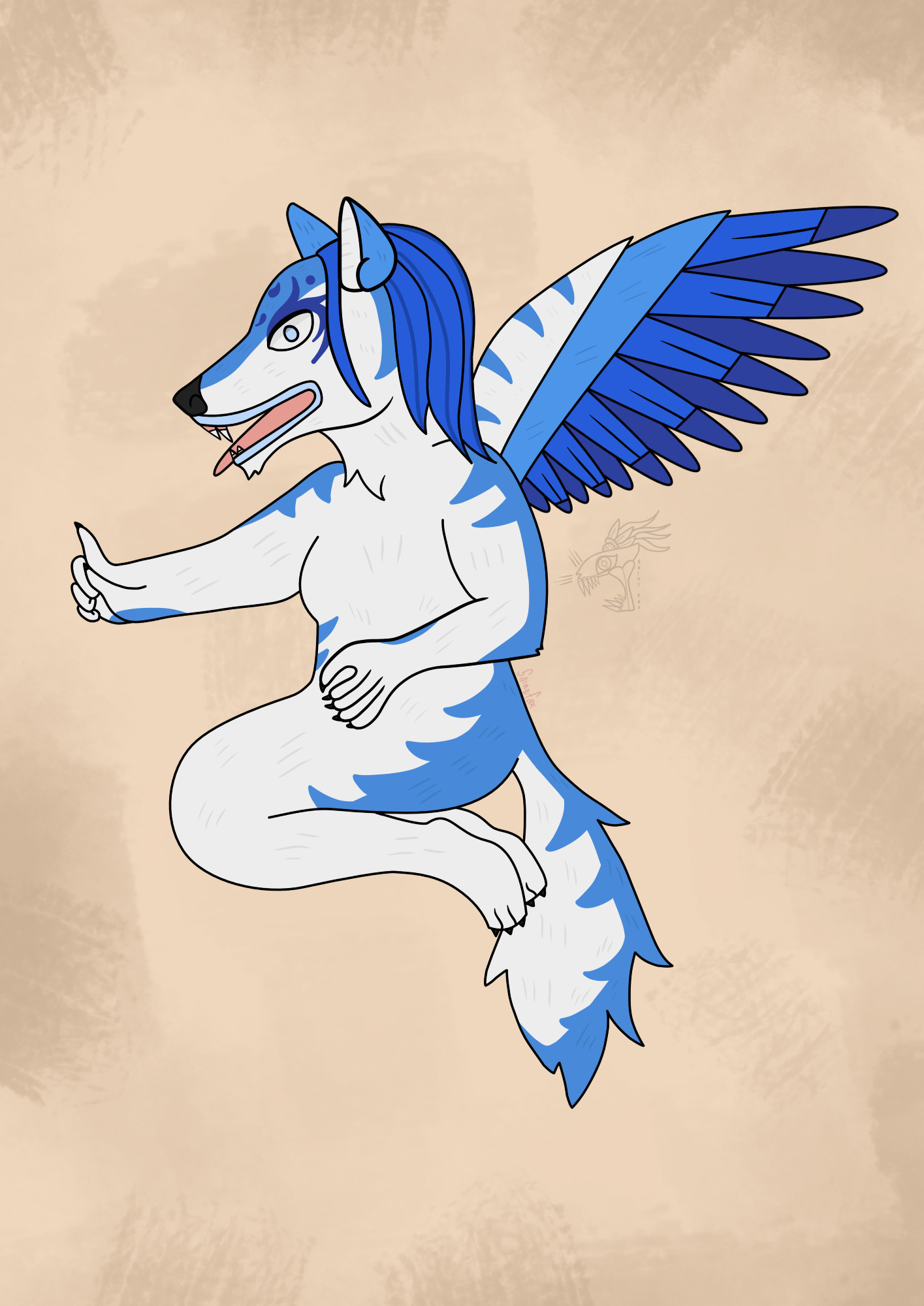 A Mexica style white and blue winged wolf giving someone directions