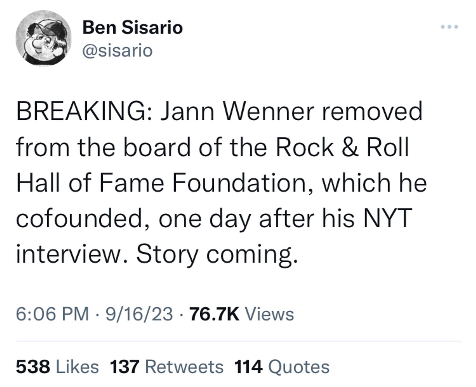 BREAKING: Jann Wenner removed from the board of the Rock & Roll Hall of Fame Foundation, which he cofounded, one day after his NYT interview. Story coming.