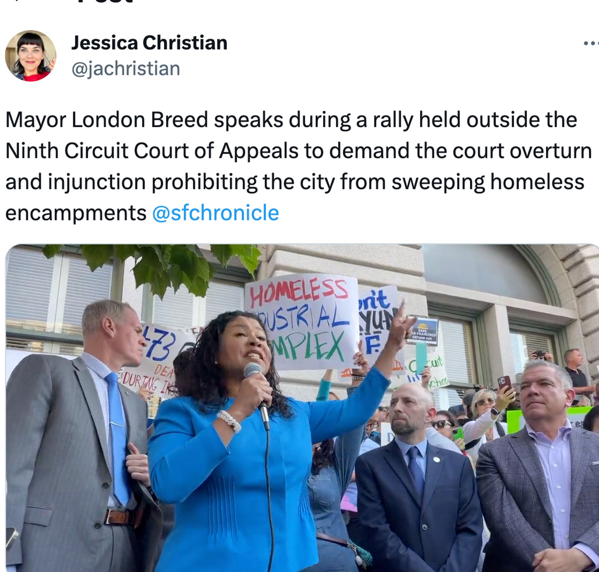 Mayor London Breed speaks during a rally held outside the Ninth Circuit Court of Appeals to demand the court overturn and injunction prohibiting the city from sweeping homeless encampments