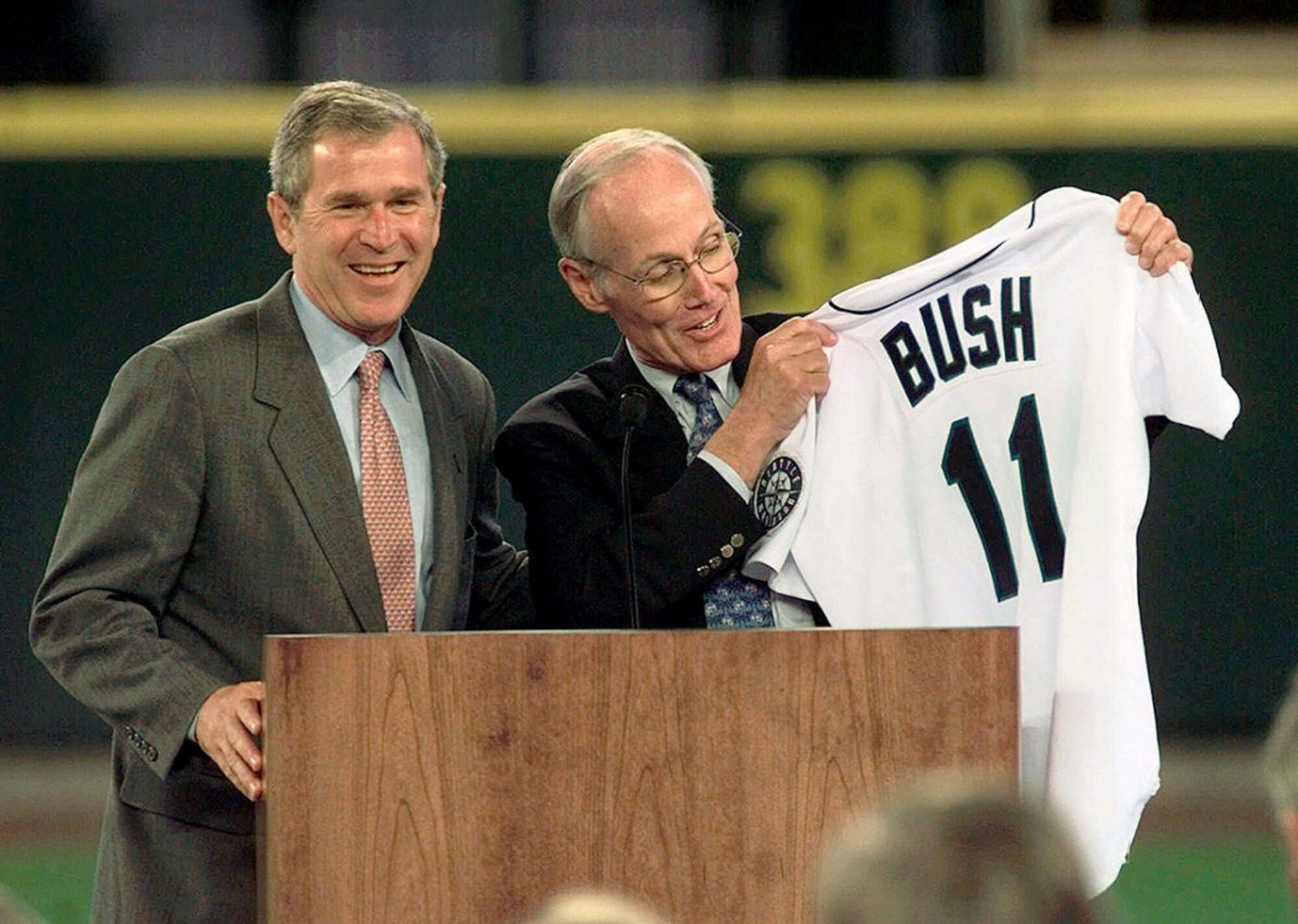 Then-Texas Gov. George W. Bush (left) with Sen. Slade Gorton at a Safeco Field fundraiser in Seattle in 1999. Bush was running for president.