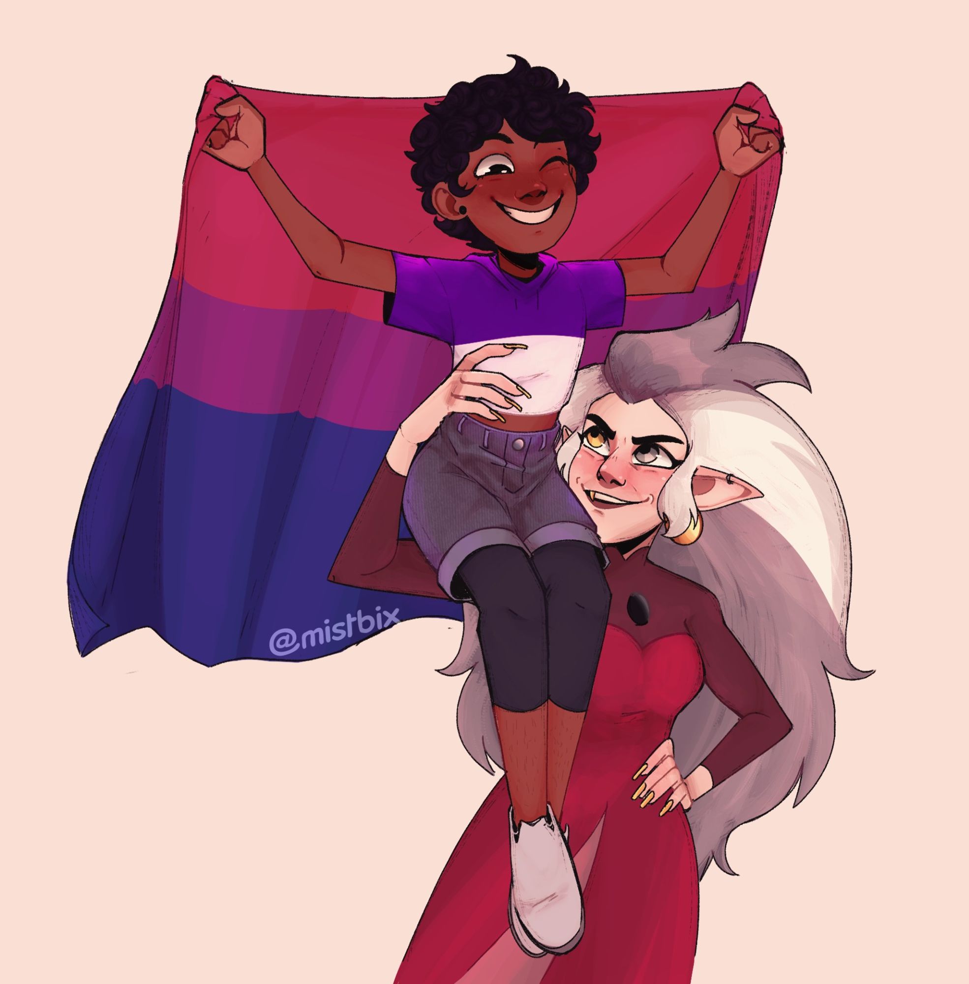 (the owl house) eda holding luz on her right shoulder. luz is holding a bi flag