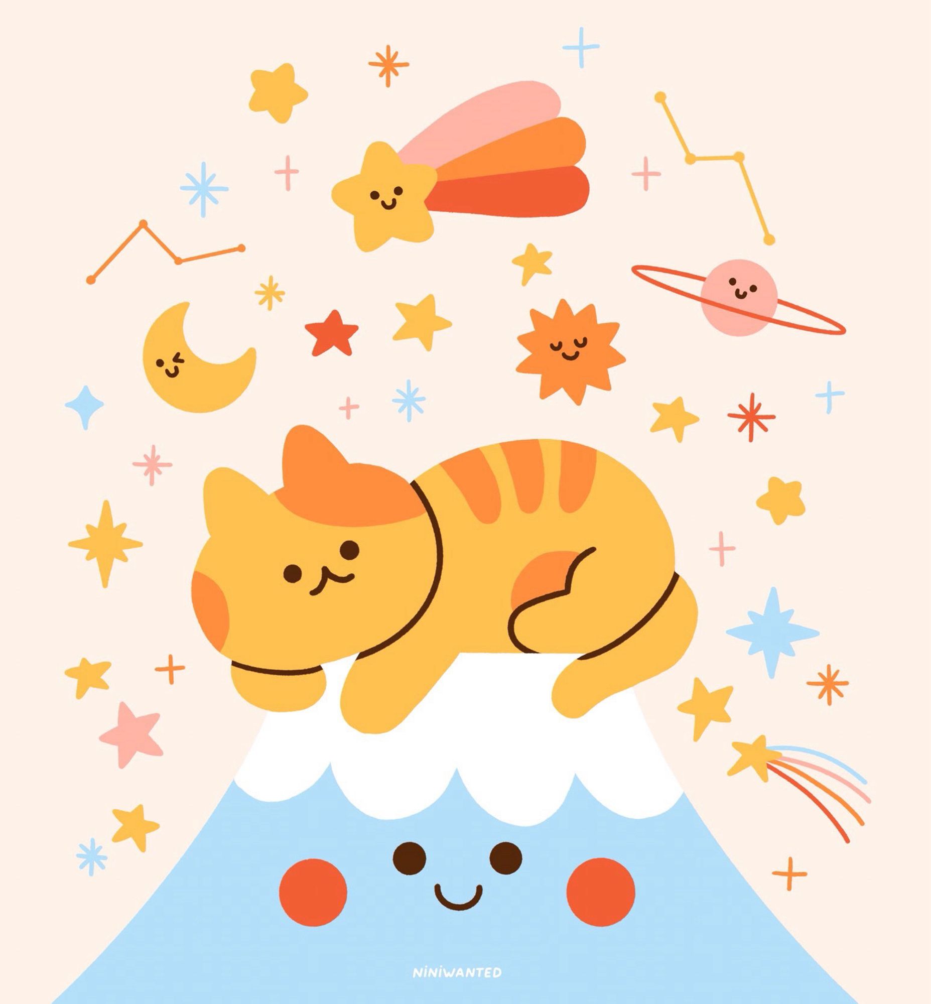 Illustration of a yellow-orange cat on top of the Mount Fuji. There are stars, moon, planet around them.