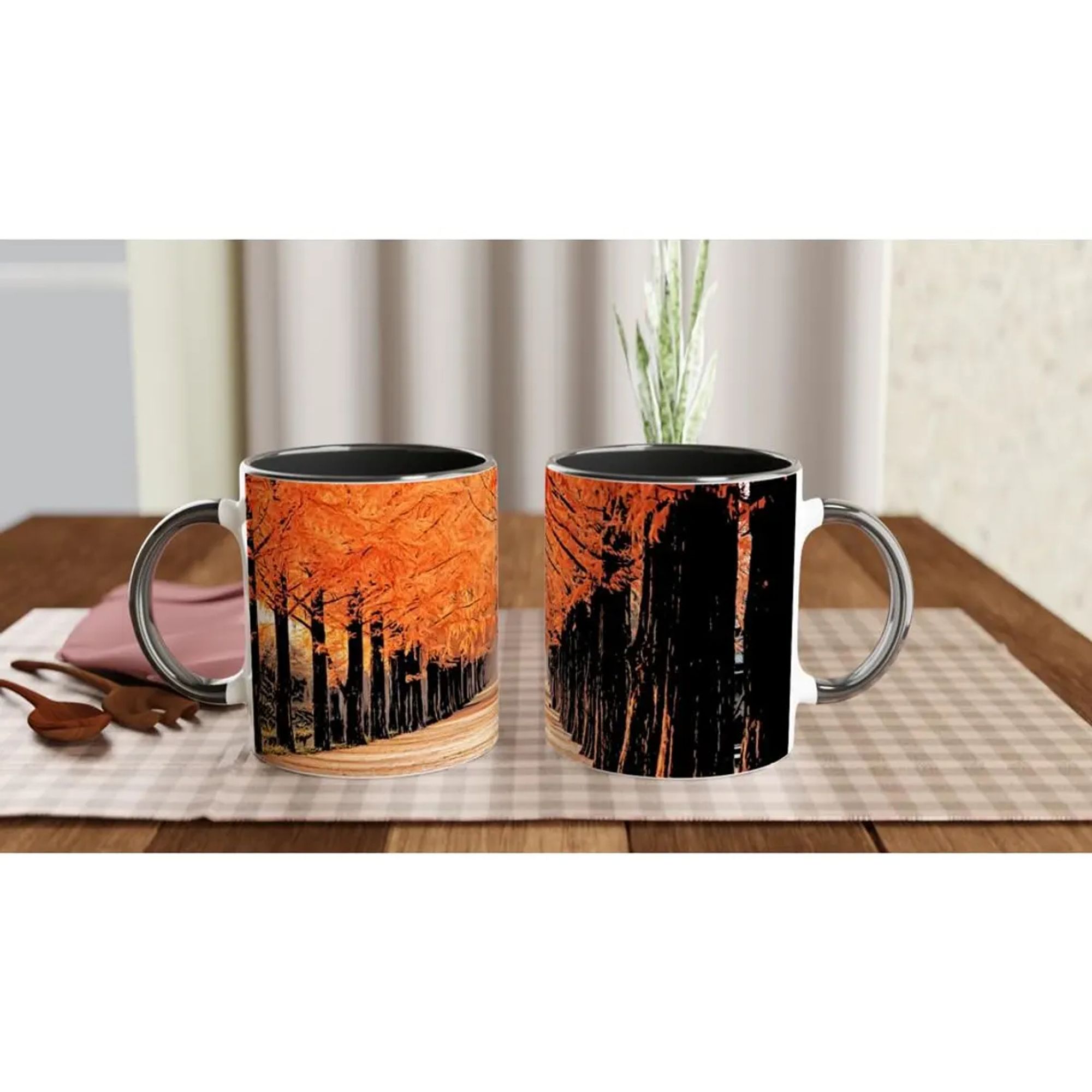 A mug showing a lush and brightly orange forest lane, with a lonely figure at the end.