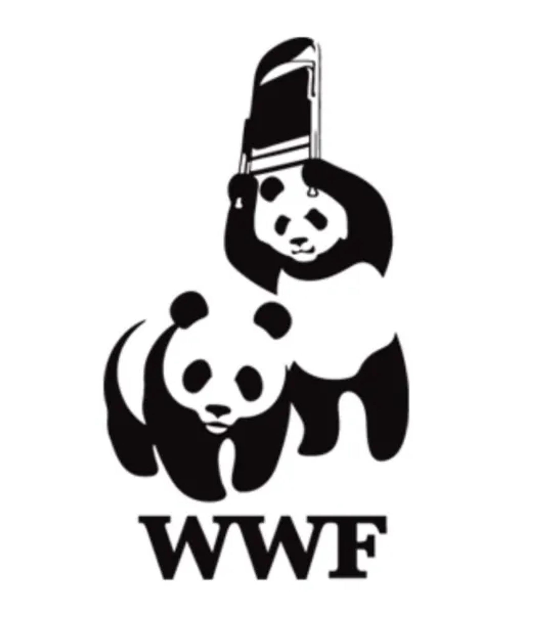 WWF logo, but there's a second panda, and it has a folding stair. Looking determined to hit the unsuspecting first one over the head.