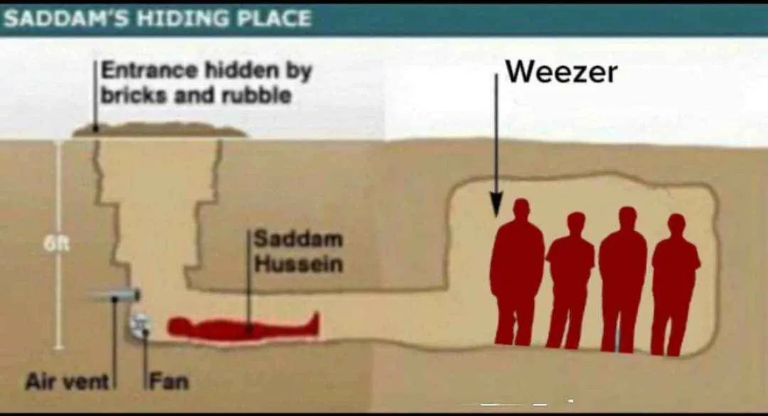 Saddam's Hiding place meme, but there's an extra chamber. It contains 4 figures in the same red silhouetted style. They're labeled: "Weezer"