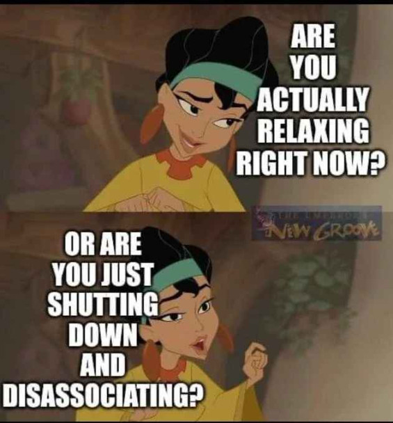 "are you actually relaxing right now; or are you just shutting down and disassociating?" Chicha, from The Emperor's New Groove.