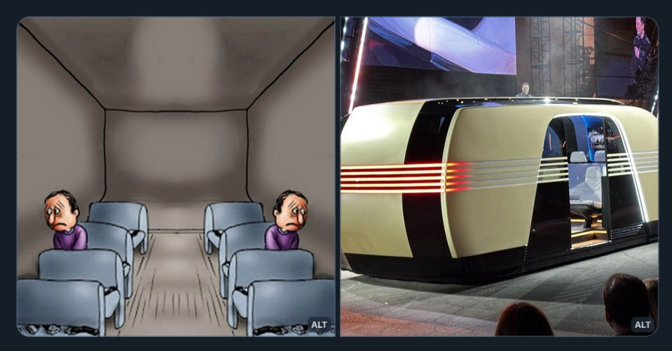 The sad guy/happy guy on a bus meme, but they're both unhappy, because they're in a windowless box. Second image is of the "CyberVan."