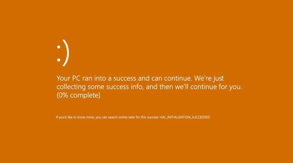 Amber Screen of Life: A BSOD, but it is amber and reads:

:)

Your PC ran into a success and can continue. We're just
collecting some success info, and then we'll continue for you.
(0% complete)

If you'd like to know more, you can search online later for this success: HAL_lNITlALlZATlON-SUCCEEDED