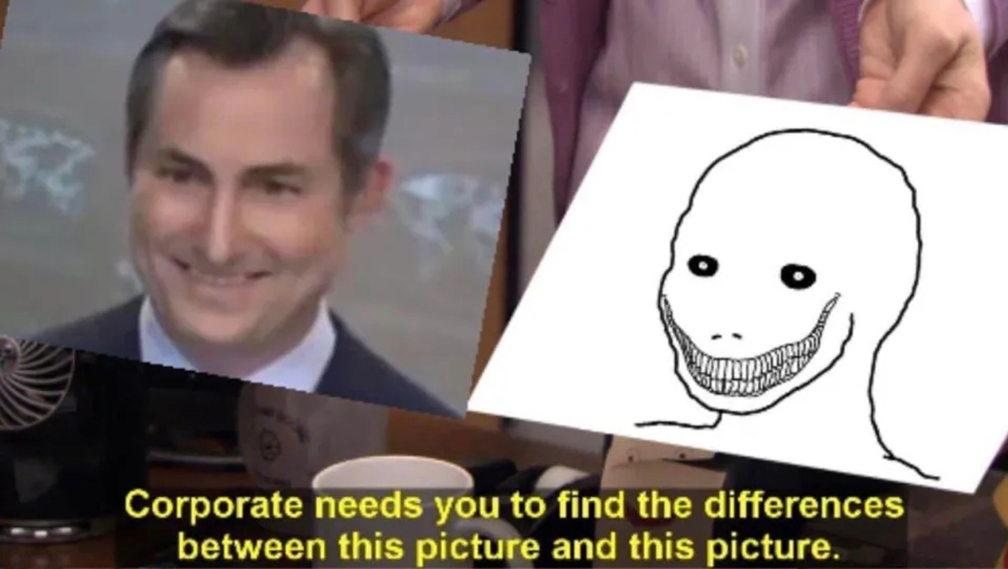 Matthew Miller (State Department) flashing his trademark smirk next to Demonic Grin Wojak in the Office meme "Corporate needs you to find the differences between this picture and this picture."