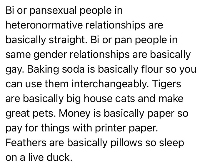 this feels tumblry.

"Bi or pansexual people in
heteronormative relationships are
basically straight. Bi or pan people in
same gender relationships are basically
gay. Baking soda is basically flour so youl
can use them interchangeably. Tigers
are basically big house cats and make
great pets. Money is basically paper so
pay for things with printer paper.
Feathers are basically pillows so sleep
on a live duck."