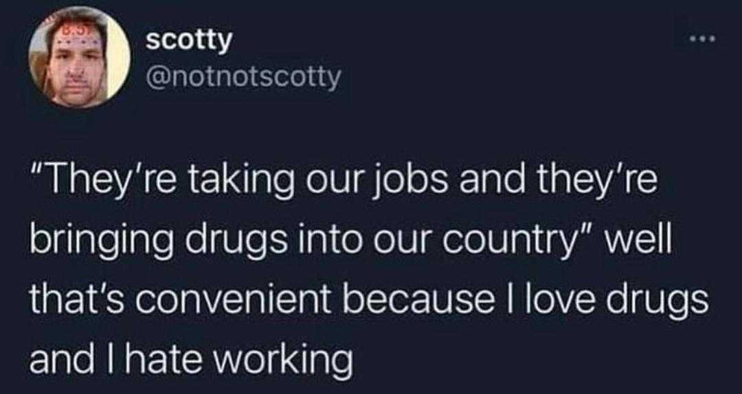 scotty (@notnotscotty) on Twitter:

"They're taking our jobs and they're
bringing drugs into our country" well
that's convenient because I love drugs
and I hate working