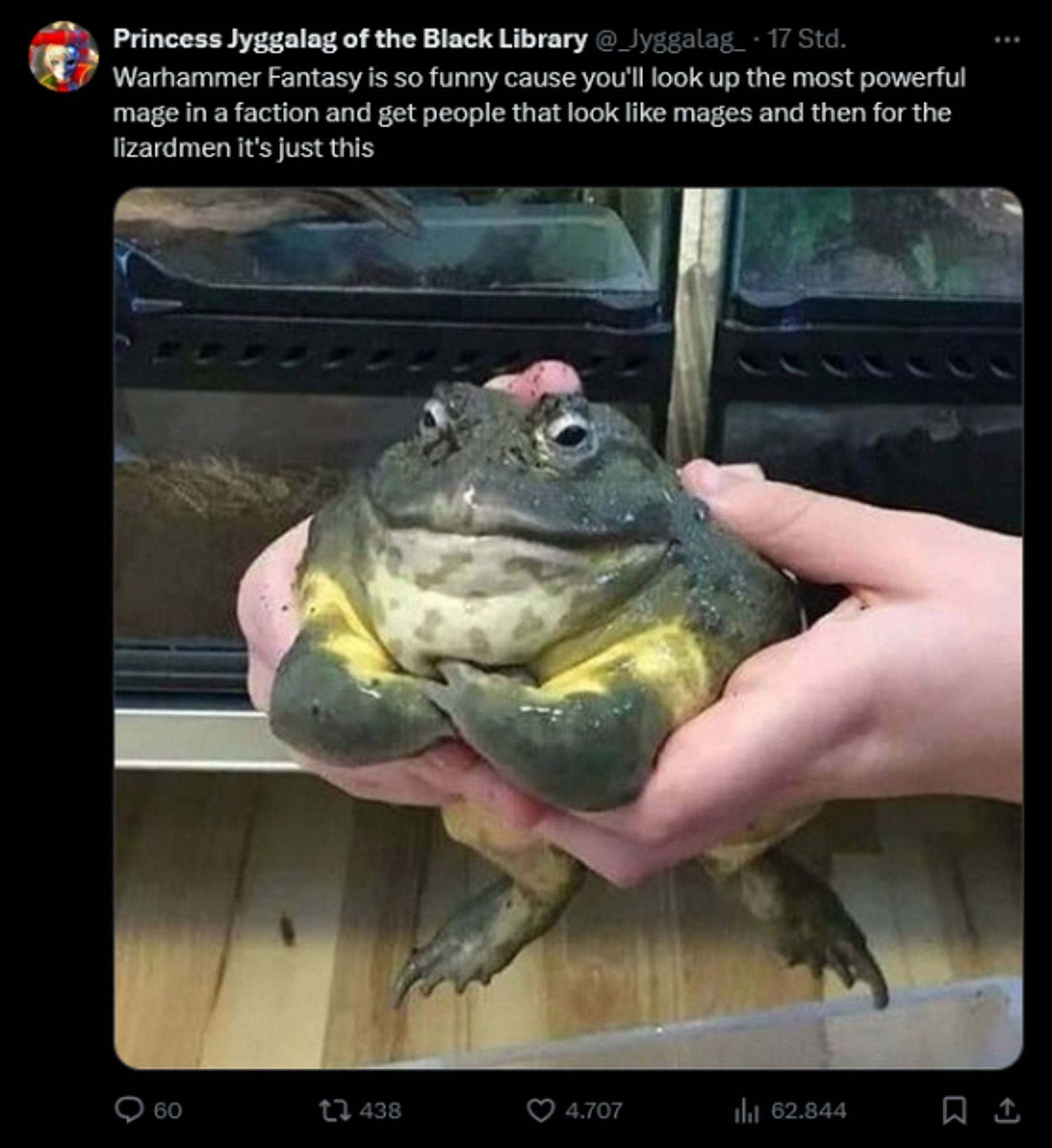 Twitter post by Princess Jyggalag Of the Black Library (@_Jyggalag_)

Warhammer Fantasy is so funny cause you'll look up the most powerfulmage in a faction and get people that look like mages and then for the lizardmen it's just this

The this in question is a MASSIVE frog that looks like Lord Kroak.