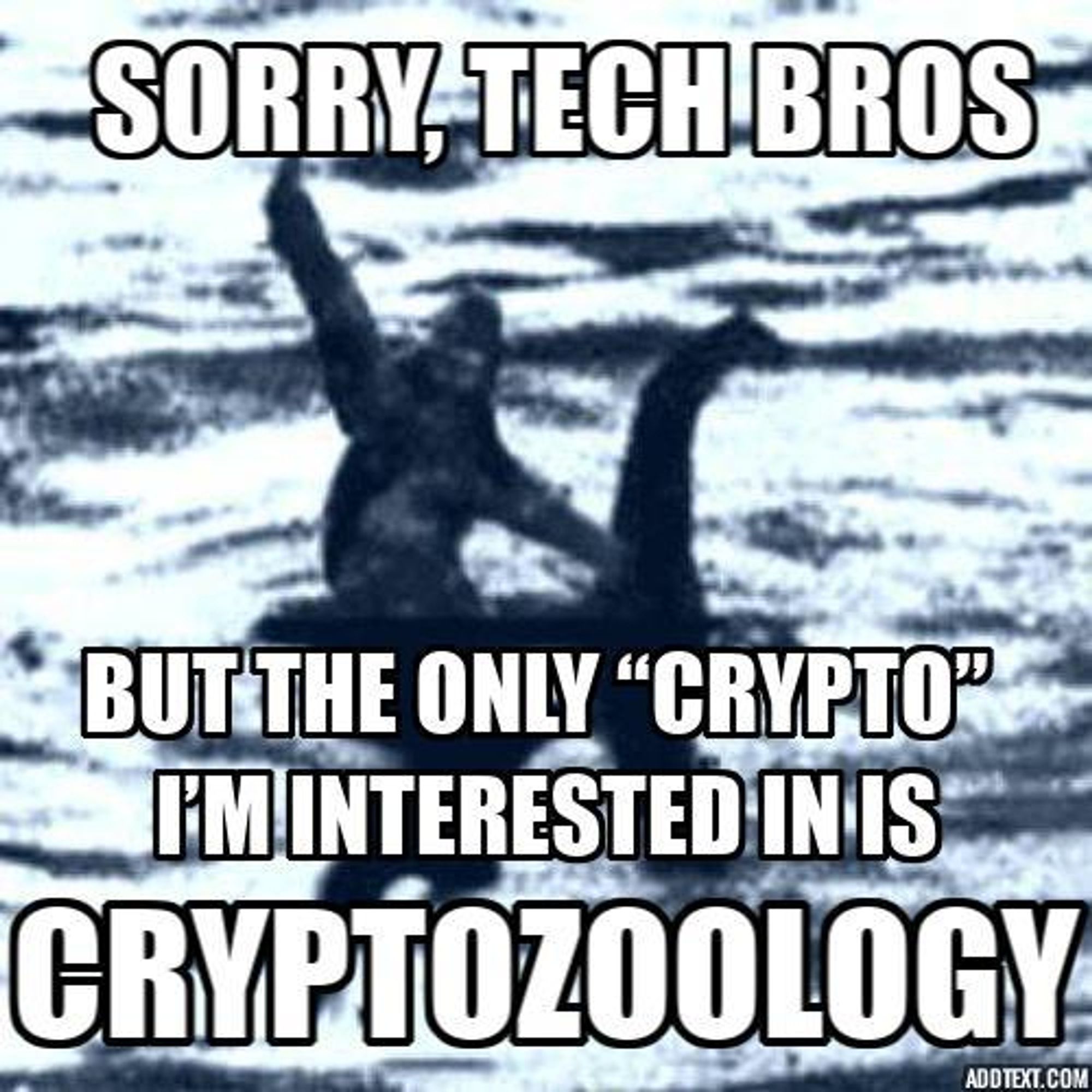 A real photograph of Bigfoot riding Nessie

Text: "Sorry tech bros, but the only crypto I'm interested in is Cryptozoology."