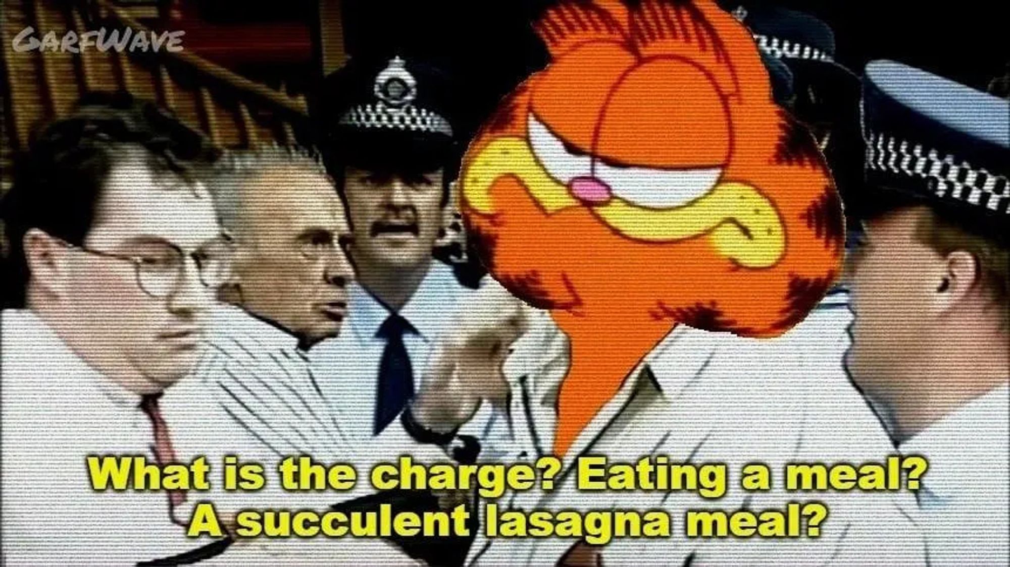 Jack Karlson arrest, but it's Garfield and he says: "What is the charge? Eating a meal? A succulent lasagna meal?"