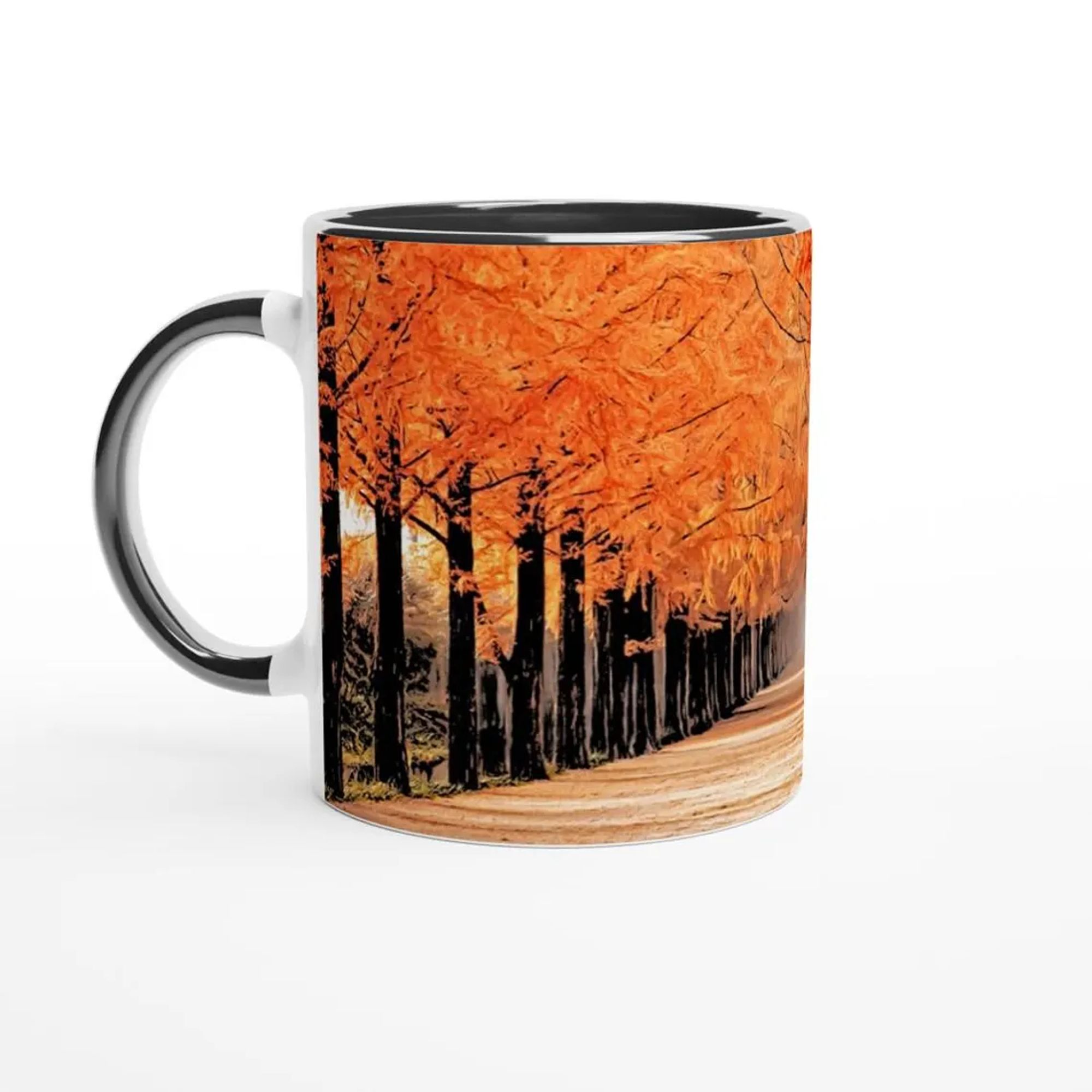 A mug showing a lush and brightly orange forest lane, with a lonely figure at the end.