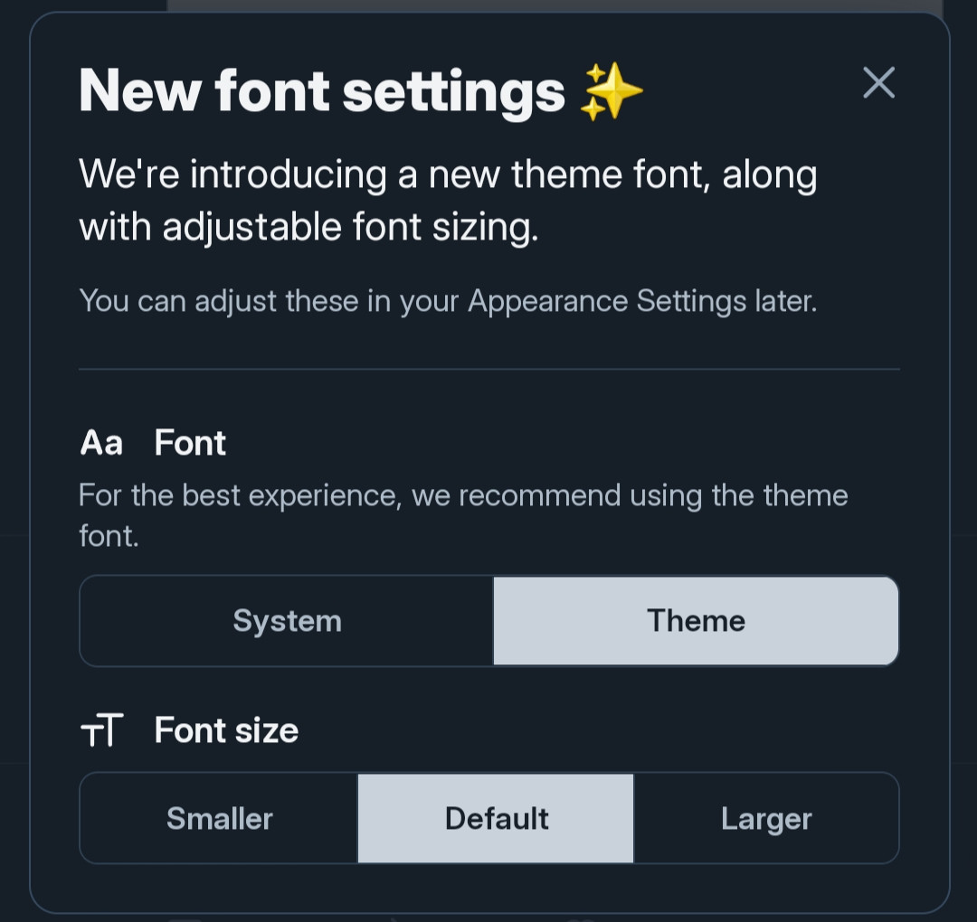 the “new font settings” popup