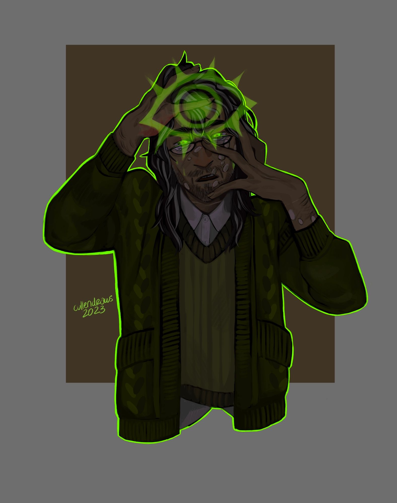 an illustration of jonathan sims from the magnus archives, looking at the viewer with his hands clutching his head. a big green eye is superimposed over his forehead .