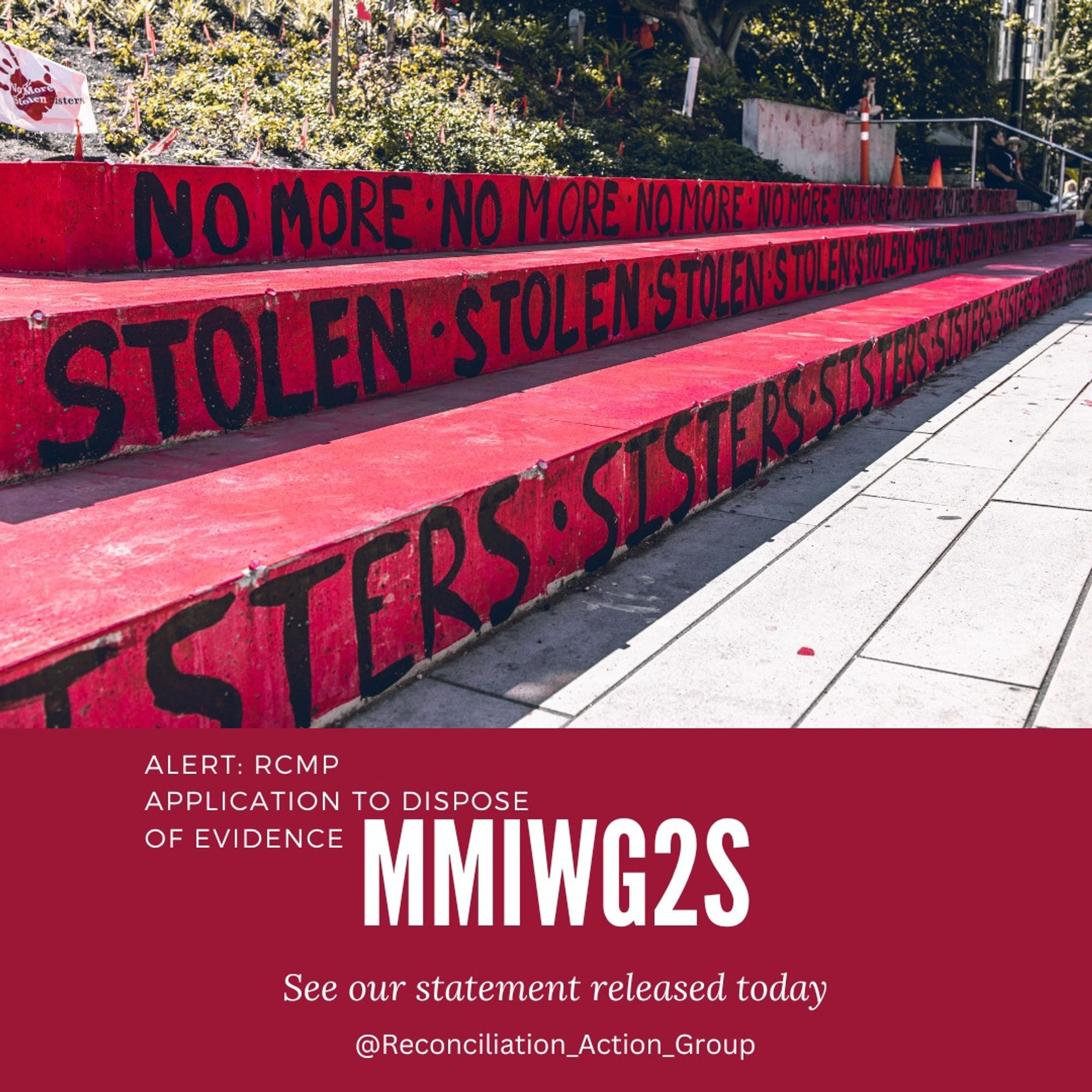 Alert: RCMP Application to Dispose of Evidence 

MMIWG2S

See our statement released today.


Picture of red painted outdoor stairs with black letters stating No More Stolen Sisters repeating over stair risings. 

#MMIWG2S #SearchTheLandfill #TRC #231CallsForJustice