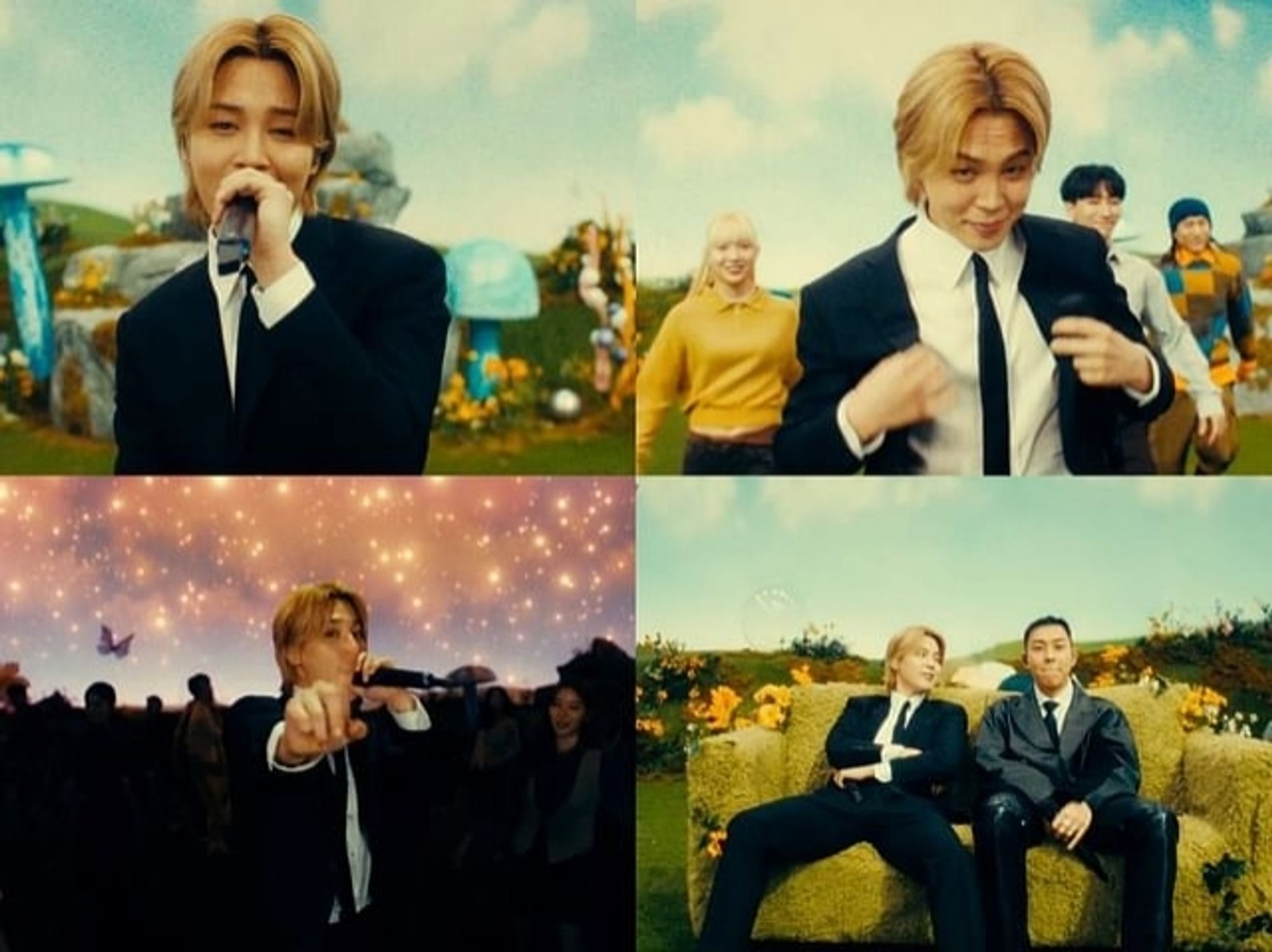 Collage of 4 pictures of the MV of Smeraldo garden marching band
Jimin has long blond hair and is a tight suit with a pant at his ankles (60's britain vibe) 
One pic is with LOCO and they sit on a grass couch