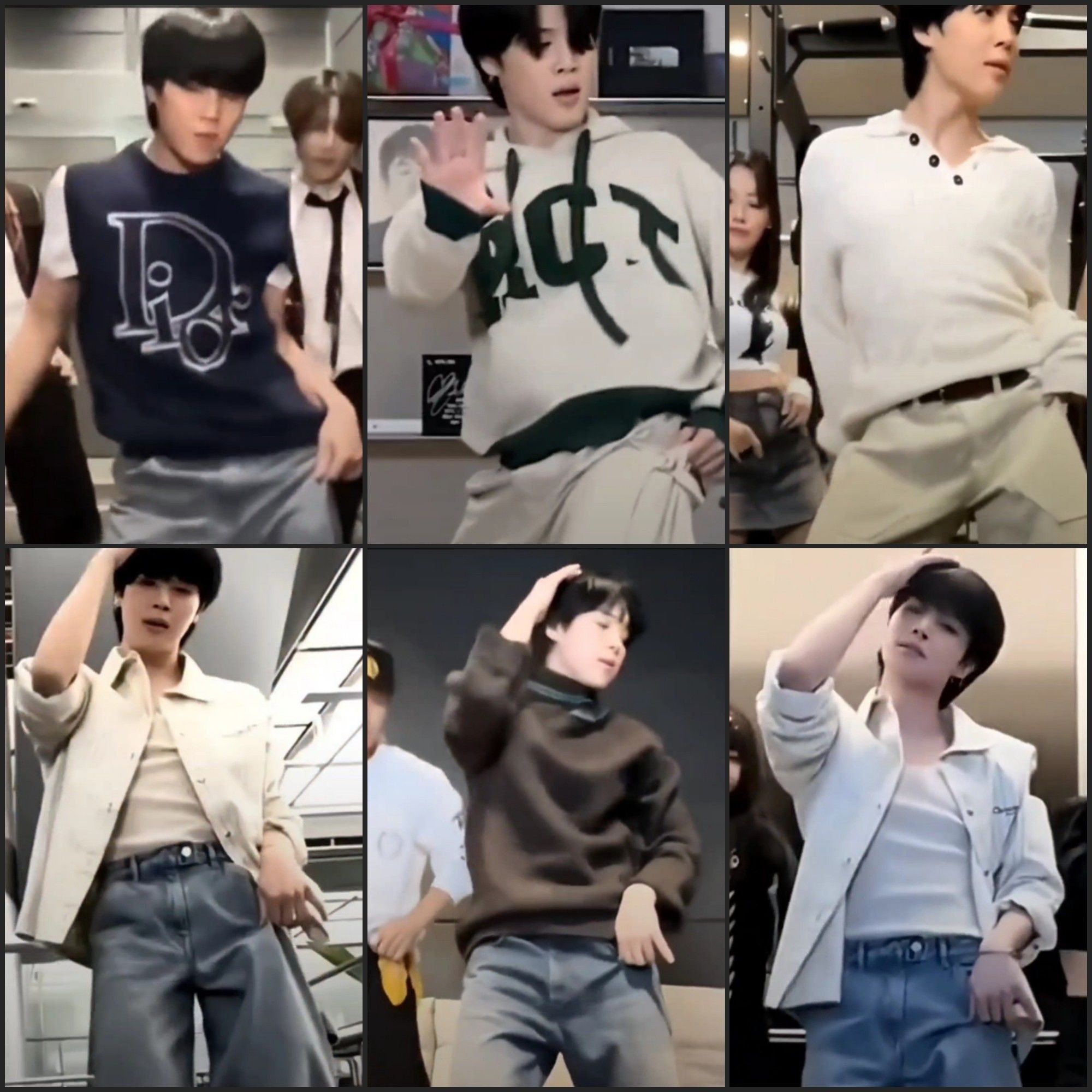 Collage of 6 pic of Jimin dancing on diverse videos and holding one side of his pants delicately with one hand.
Sometimes with a straight pinkie