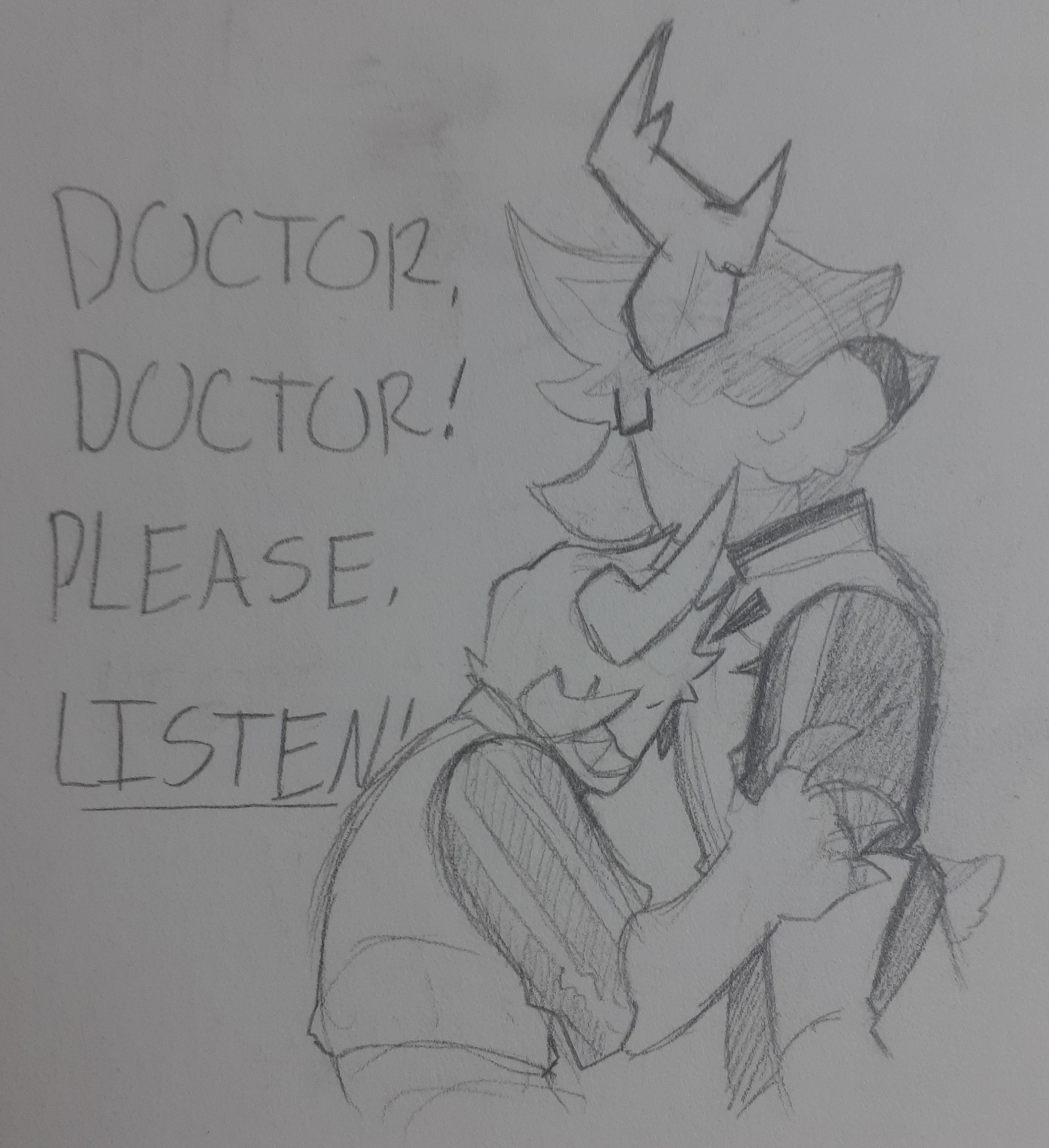 A traditional drawing of Medkit(right) and Subspace(left). Subspace is leaned over, forehead on Medkit's chest, hair fluffed up over it. He has a strained smile on his face and he is gripping Medkit's arm. Medkit is standing motionless, no expression visible on his face. On the very left behind subspace are lyrics from Mad Hatter by Melanie Martinez; "Doctor, doctor! Please, listen!"