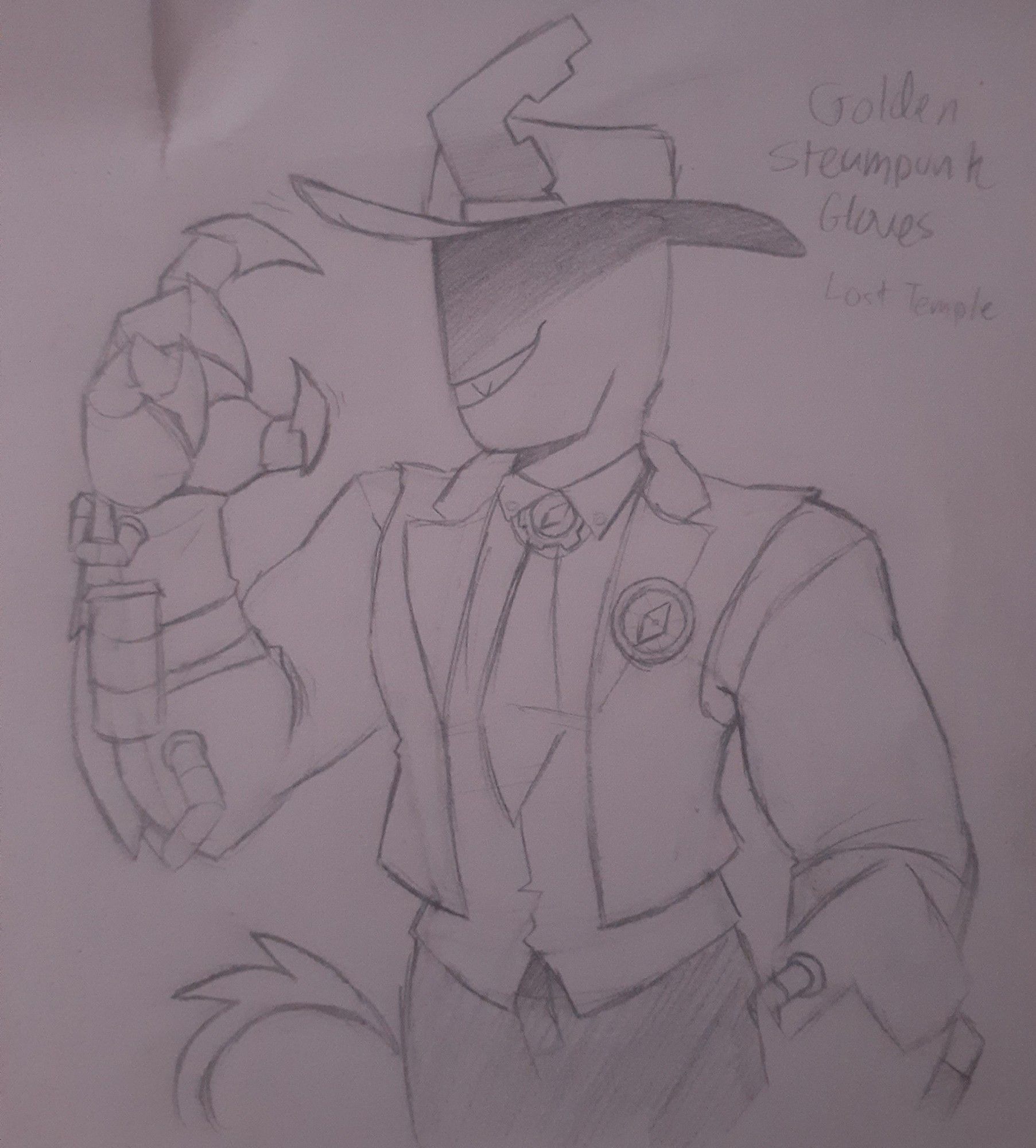 A traditional drawing of a character with a cowboy hat, a cropped vest, and large gauntlets. He has one arm held up his claws held open with a grin on his face, a sharp fang visible in his smile. He has a compass on his tie and another one on the lapels of his vest. His gauntlets have 3 fingers and claws at the end and there are tubes and a cylindrical pipe attached. He has a tail with two spikes at the end of it.