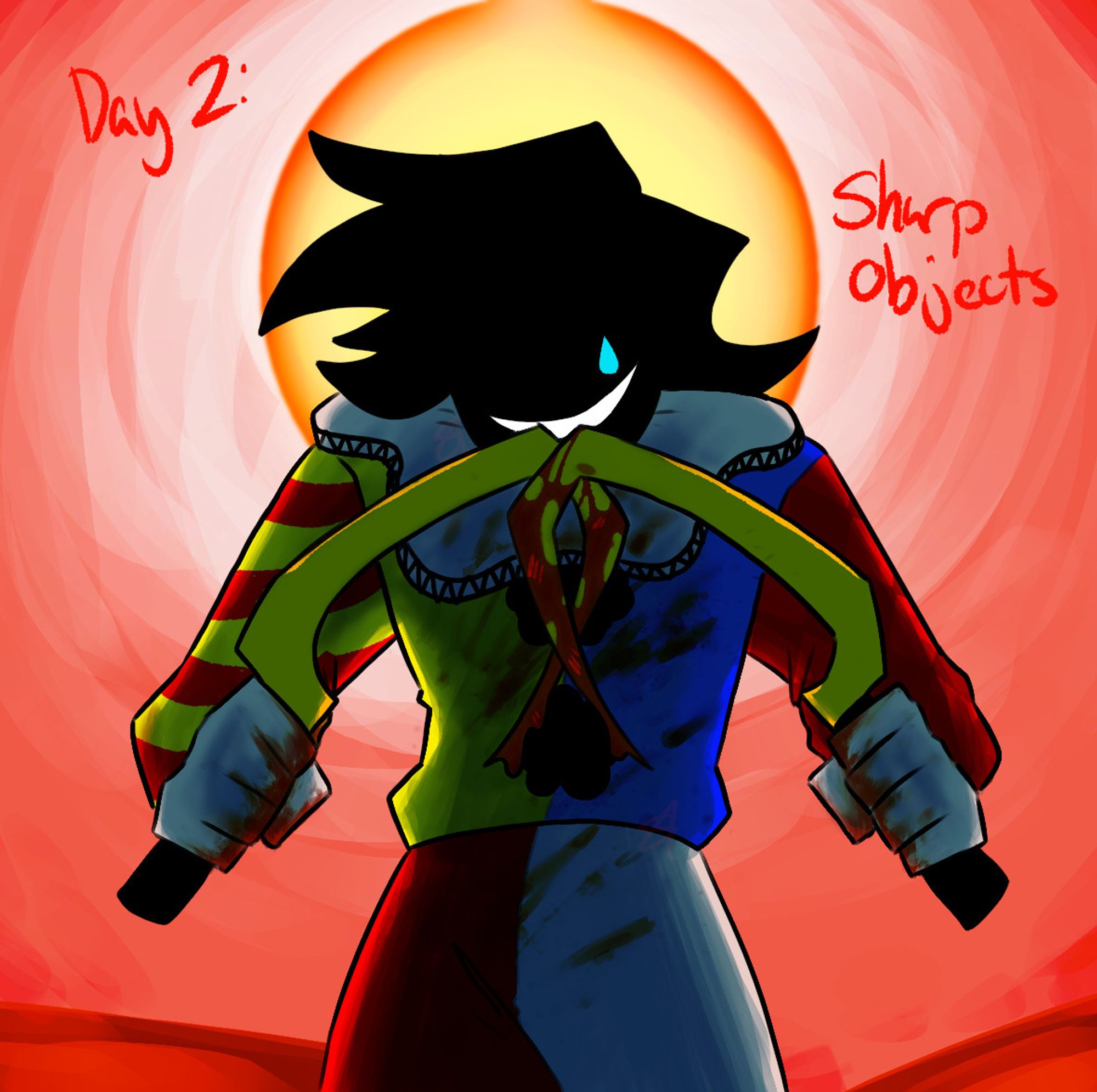 a drawing of Absinthe, a clown oc, looming with the sun behind him. hes holding his dual sickles in front of him as blood drips from them. his hands and clothes are covered in blood. his face is shrouded in shadow save for the tear makeup and his smile which are light blue and pure white respectively.