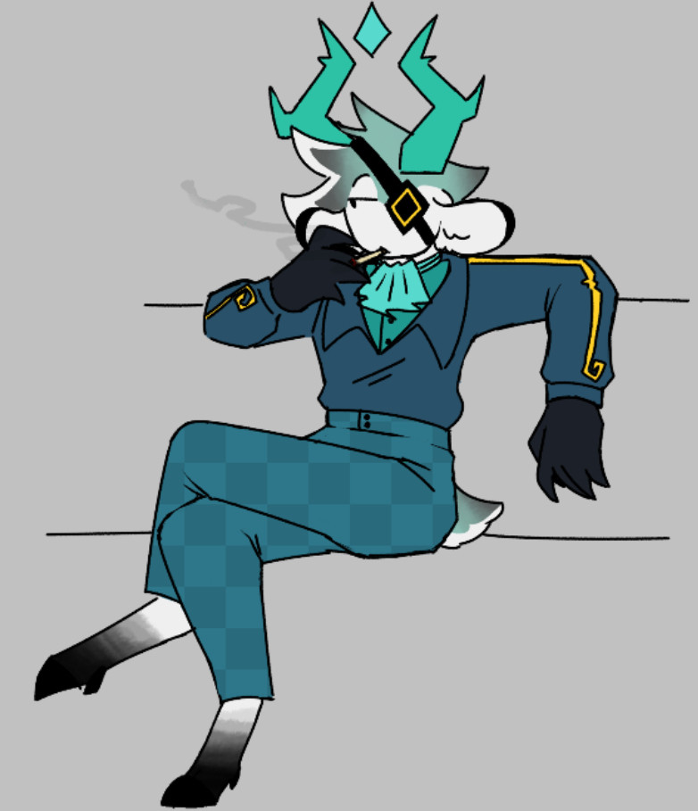 a digital sketch of Medkit from phighting (op's design). he is sitting on an unrendered, barely sketched bench, one leg crossed over the other. he has one arm over the implied back of the bench and one towards his face preparing to remove the cigarette from his mouth. Medkit has hooves instead of the normal legs hed usually have. He also has deer ears and tail.