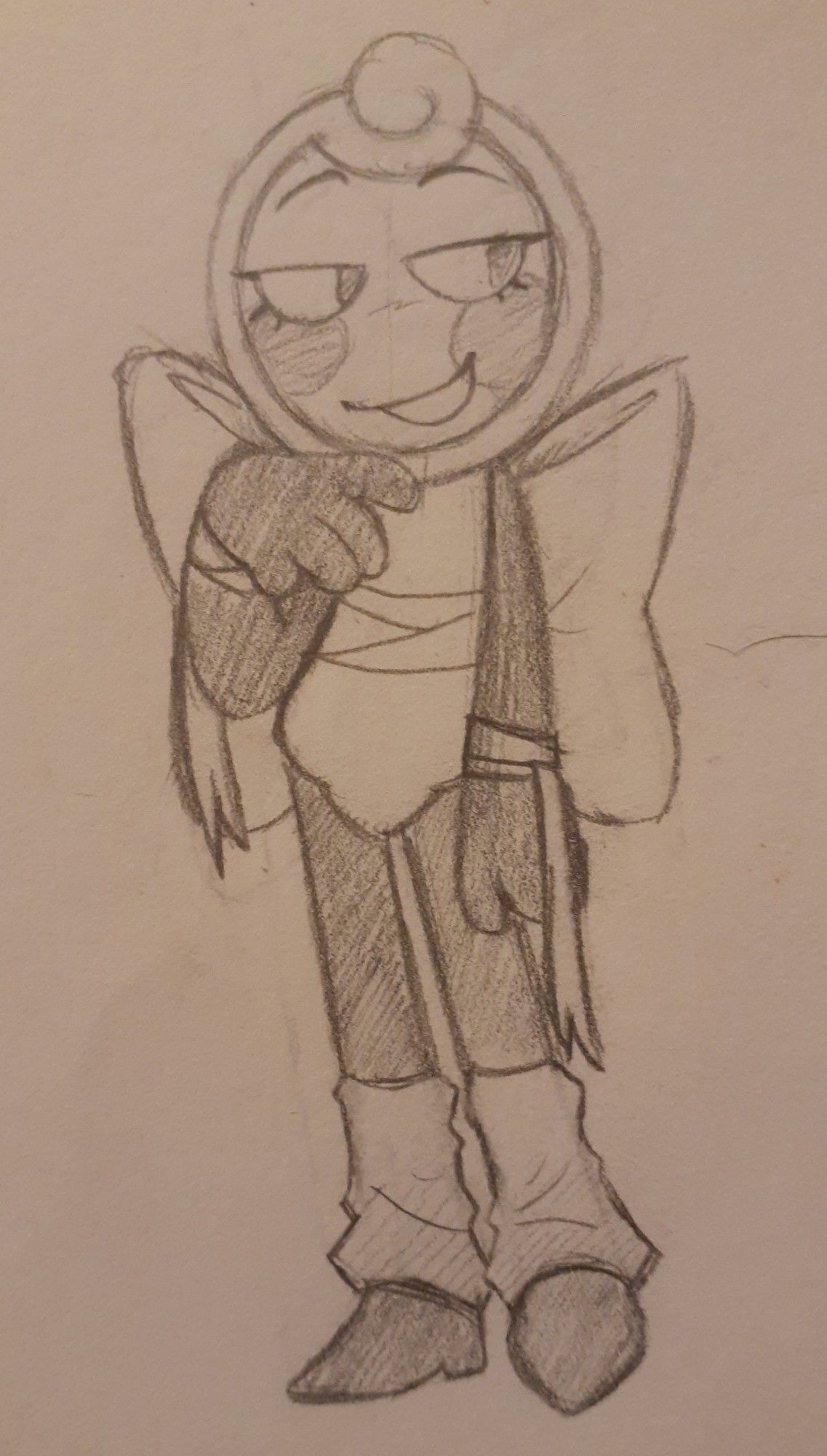 Drawing of glisten, a hand over his face slightly. He has ribbons around his wrists that hang down. He is smiling, looking off to the right.