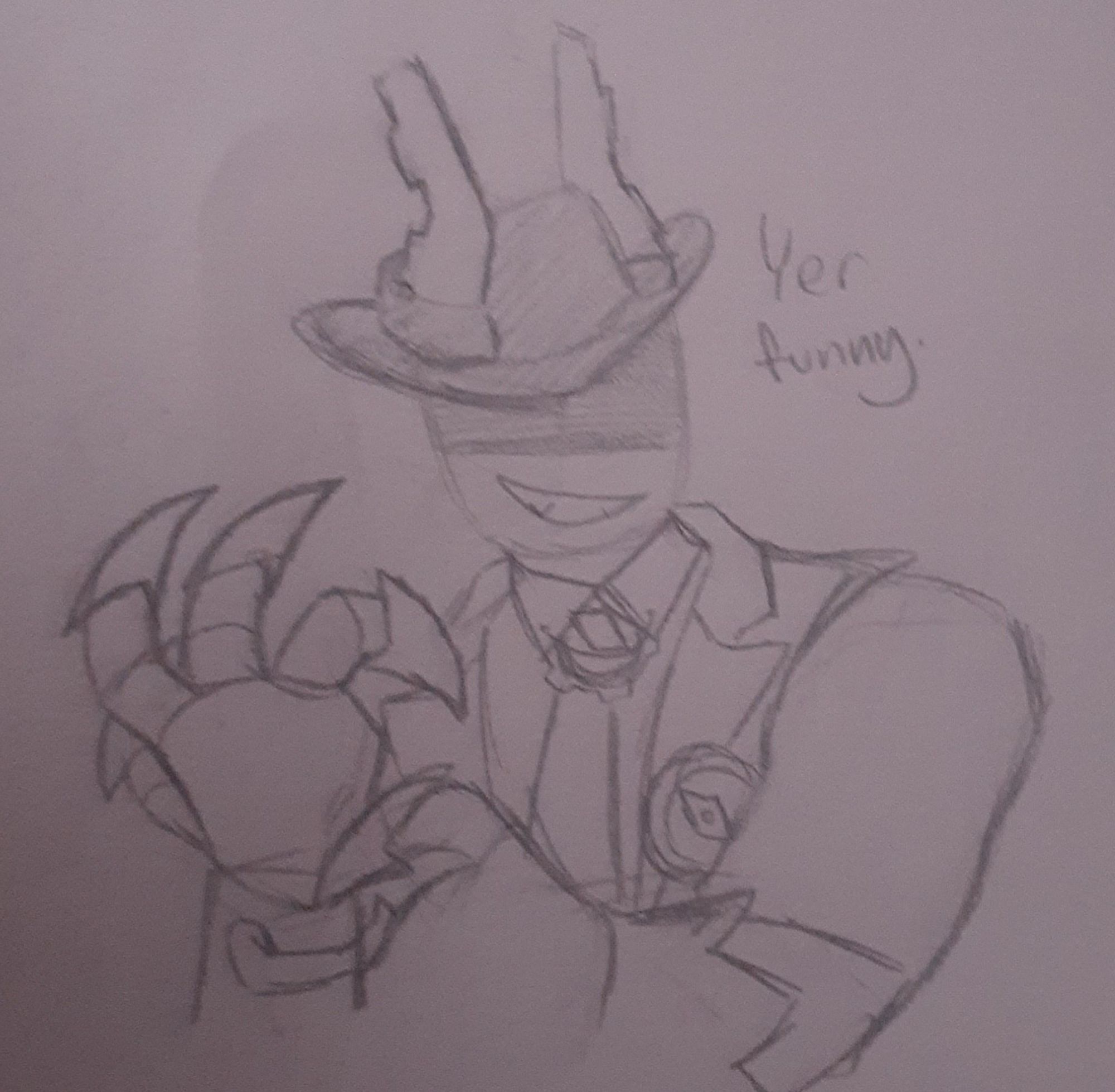 A traditional drawing of Steampunk. He is pulling at the cloth of his gauntlets. He has a smile on his face and the words "Yer funny."