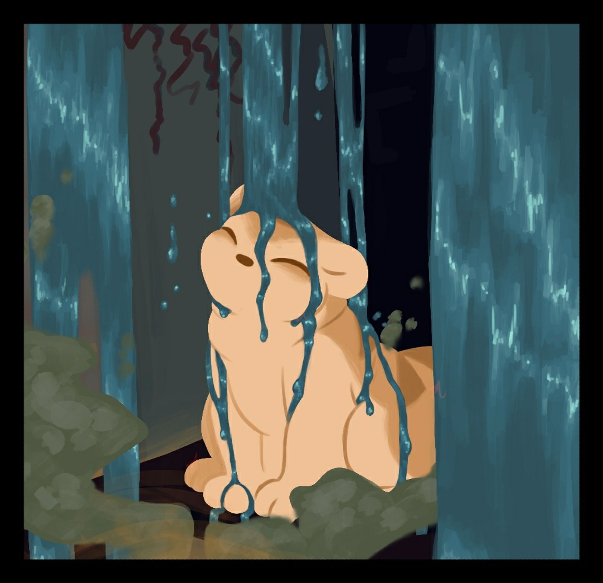 Gourmand, a tan slugcat, sitting in one of the karma gates. His head is tilted up allowing the water to pour onto his head and back. His design is to mimic bread, being dark on the top with darker stripes.