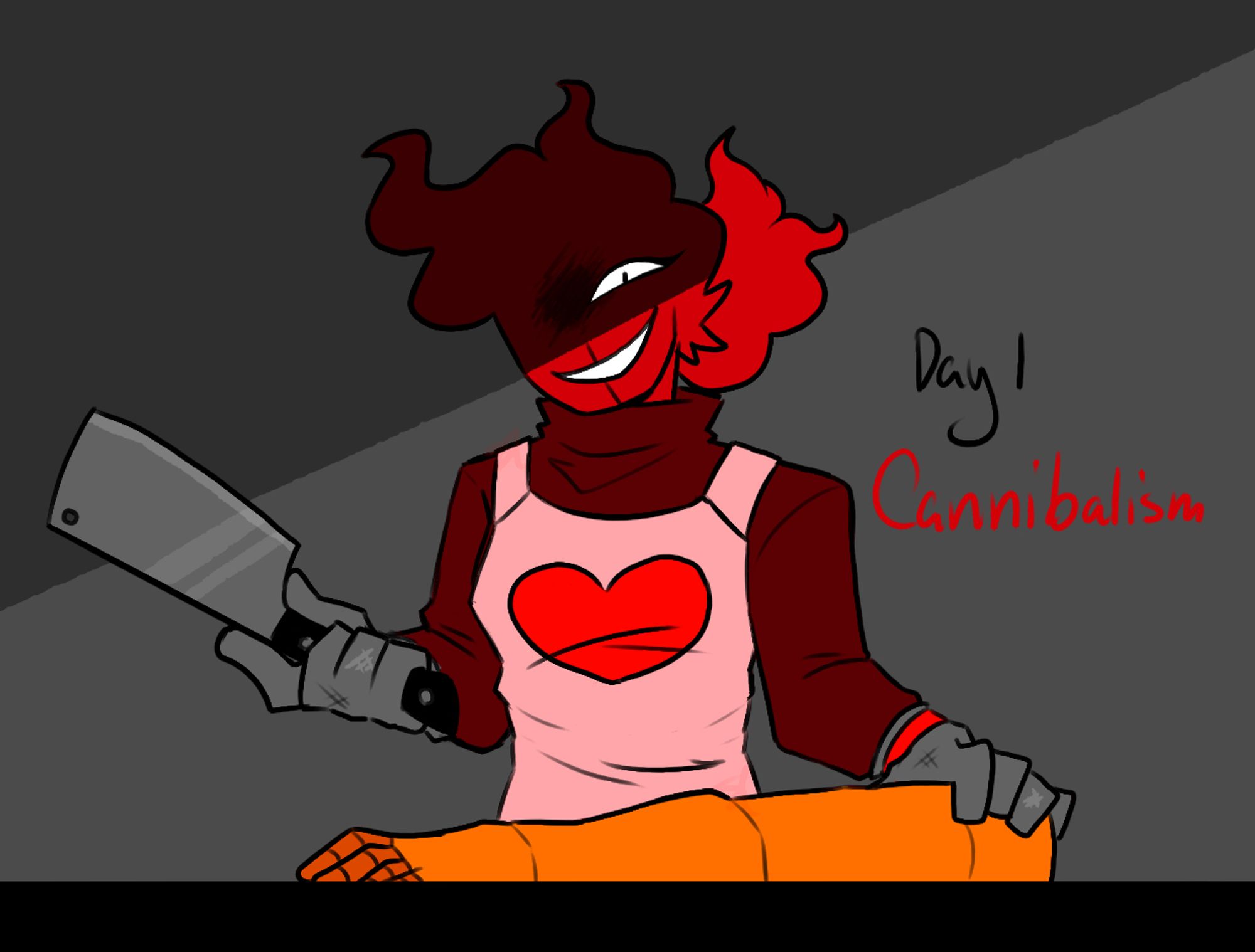 an art of Vermillion (a red addison oc from deltarune) holding a butchers cleaver. She is wearing a dark red turtleneck sweater, a light pink apron with a red heart on it, and metal mesh butcher's gloves with a red band. In front of her is the arm of an orange addison, but theres no blood. her hand rests on the bicep area near where the shoulder would be if it was attached.