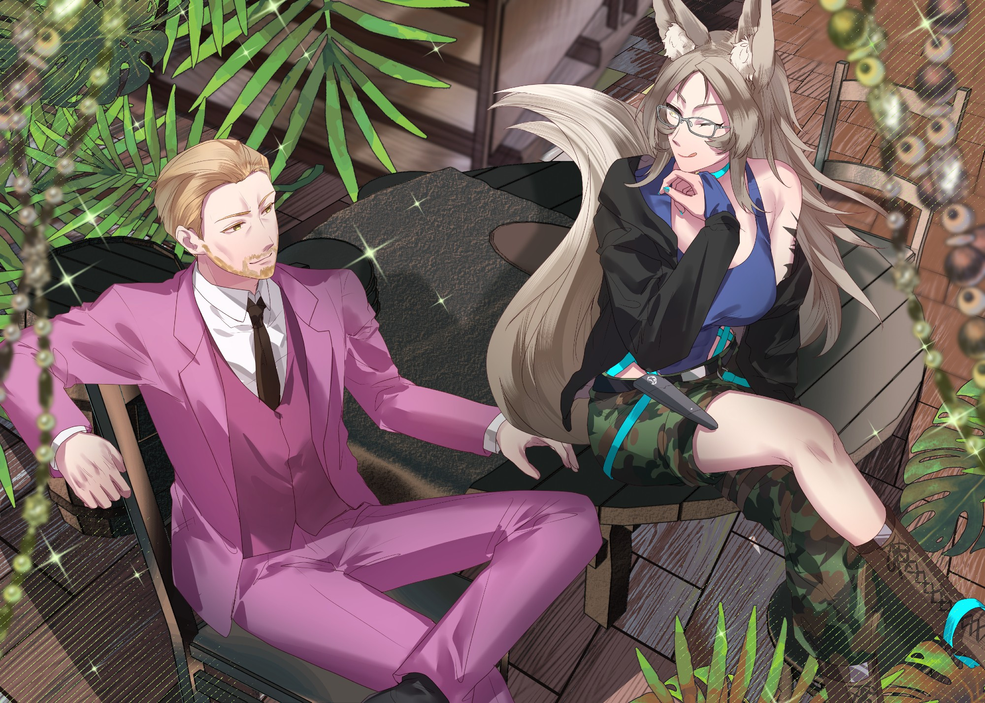 A blonde haired man in a purple suit, sitting on a chair relaxing with a lady, a kitsune who is sitting on a round wooden table as they relax together.