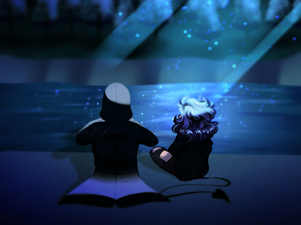 Two characters sitting next to each other by a riverside, one a demon girl with blue hair and horns and the other a man with a dark cloak, under the moonlight, they seem to be talking