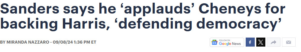 Sanders says he "applauds" Cheneys for backing Kamala Harris, "defending democracy" in piece on The Hill.