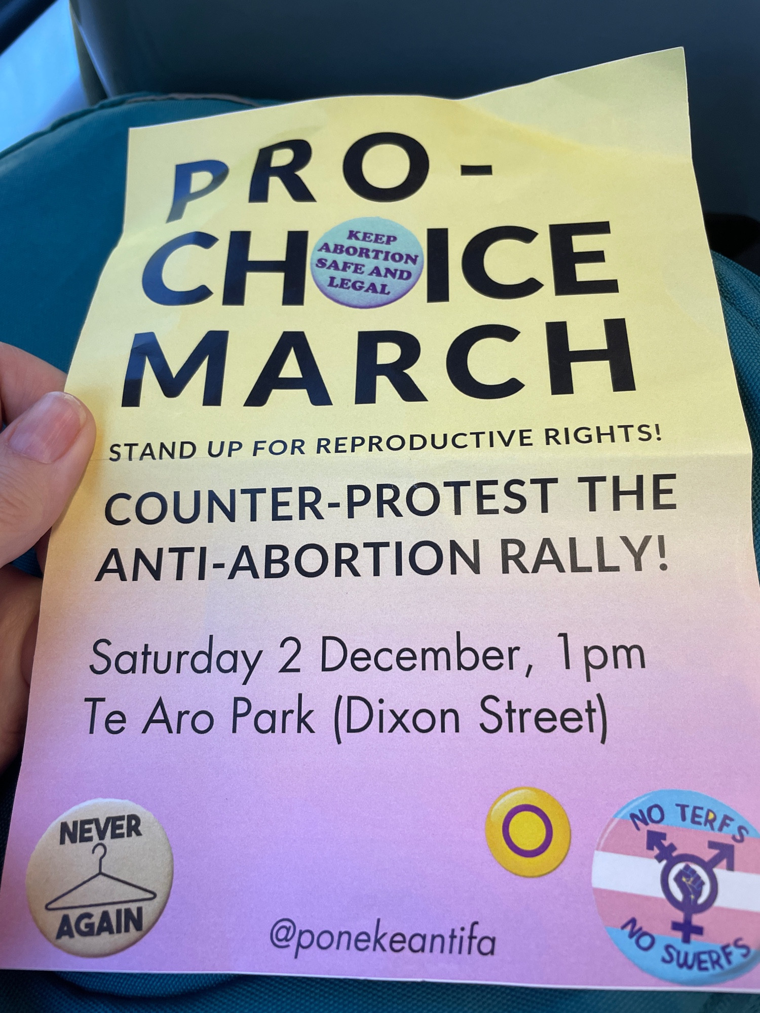 Flyer: Pro choice March counter protest Saturday 2 Dec at 1pm Te Aro Park Wellington