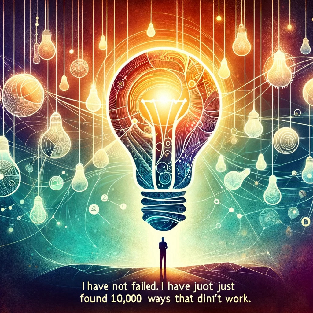 A conceptual image representing the quote by Thomas Edison, 'I have not failed. I have just found 10,000 ways that won't work.' The image should show a symbolic light bulb, with various abstract lines and paths emanating from it, representing the many attempts and failures leading to eventual success. Include also a figure of a person standing, contemplating the light bulb, symbolizing contemplation and perseverance. The overall tone of the image should be inspirational and motivational, with a color palette that is bright and uplifting.