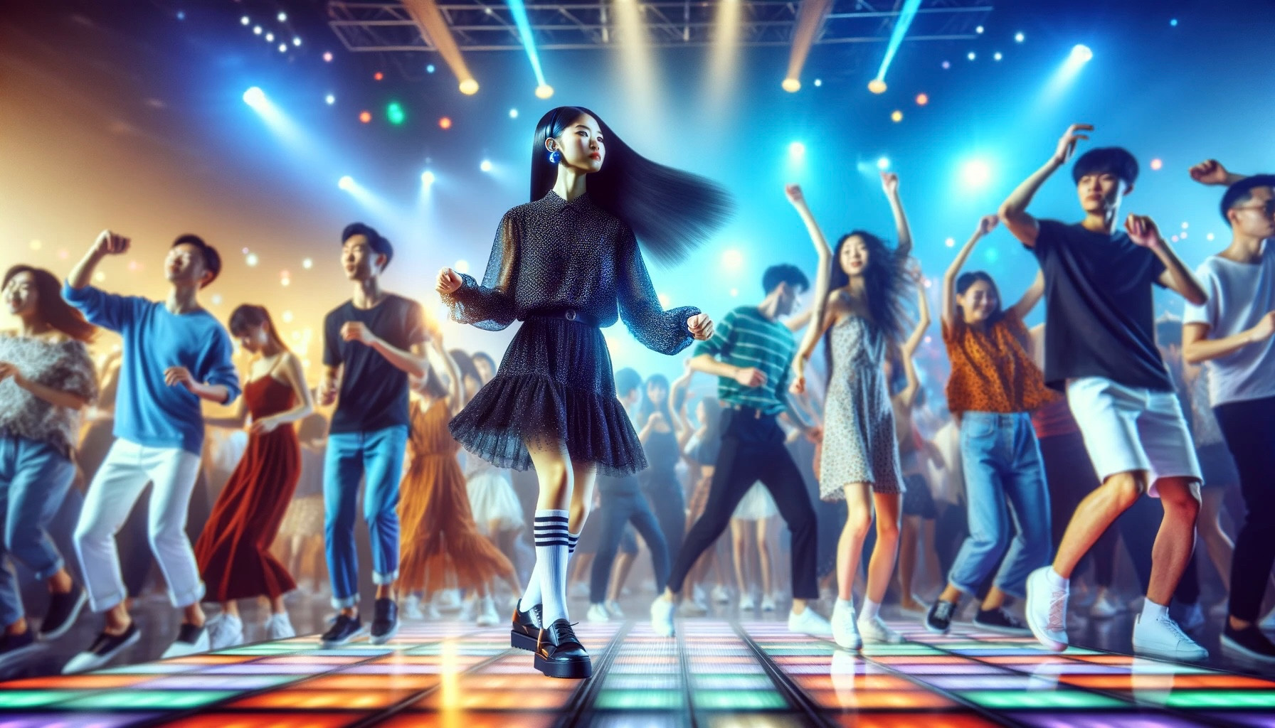 An ultrarealistic photo of a young Chinese woman with long black hair dancing to EDM in a disco, dressed in a black dress with white shoes. The full-body view captures her dancing with more dancers in the background, creating a lively and crowded dance floor scene. The additional dancers add to the club's energetic atmosphere, with vibrant lighting and the feel of a bustling party.