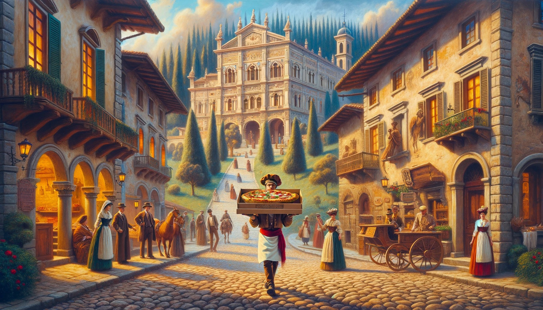 An imaginative scene set in 1889 Italy, depicting the first pizza delivery for Queen Margherita of Savoy. The scene includes a picturesque Italian street with cobblestone roads and traditional Italian architecture. A delivery person, dressed in period-appropriate attire, is seen carrying a large wooden pizza box. In the background, there is a grand and ornate palace, representing the queen's residence. The scenery is lively with local people in 19th century Italian clothing, bustling about their day